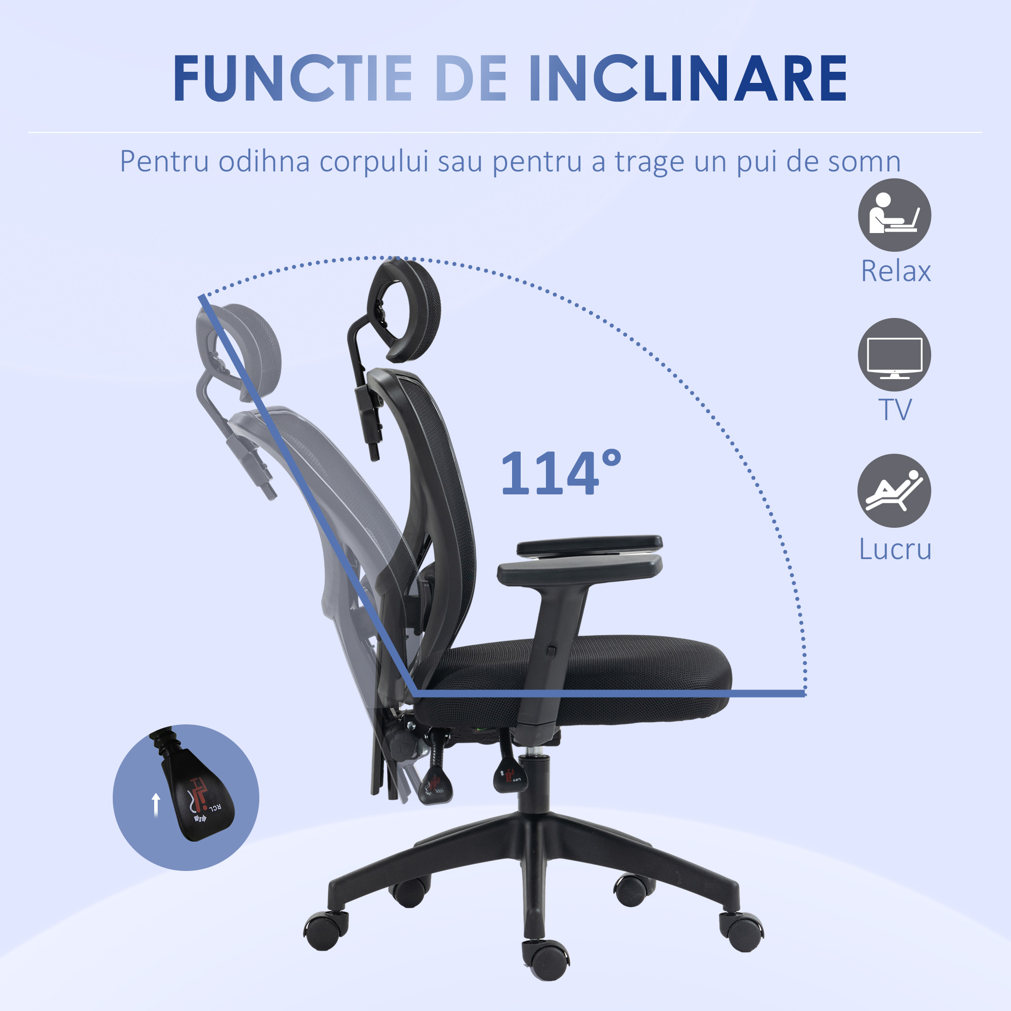  Scaun de birou ergonomic cu inaltime reglabila, suport lombar si tetiera, 66x61x106-116cm, negru [5]
