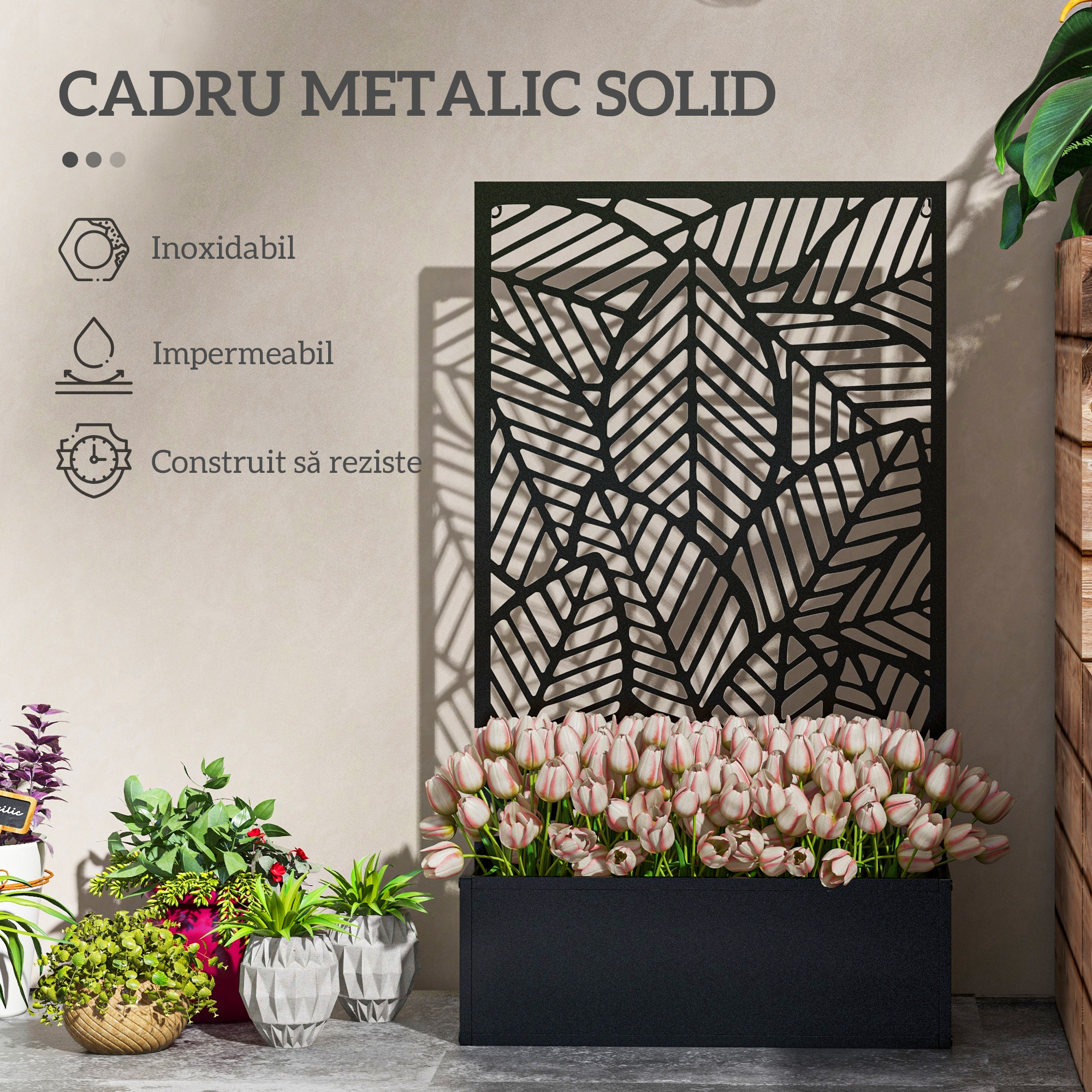  Jardiniera Metalica inaltata pentru Exterior cu Suport de Intimitate, Panou Decorativ si Vas pentru Plante, Montabila pe Perete sau Independenta, Negru [5]