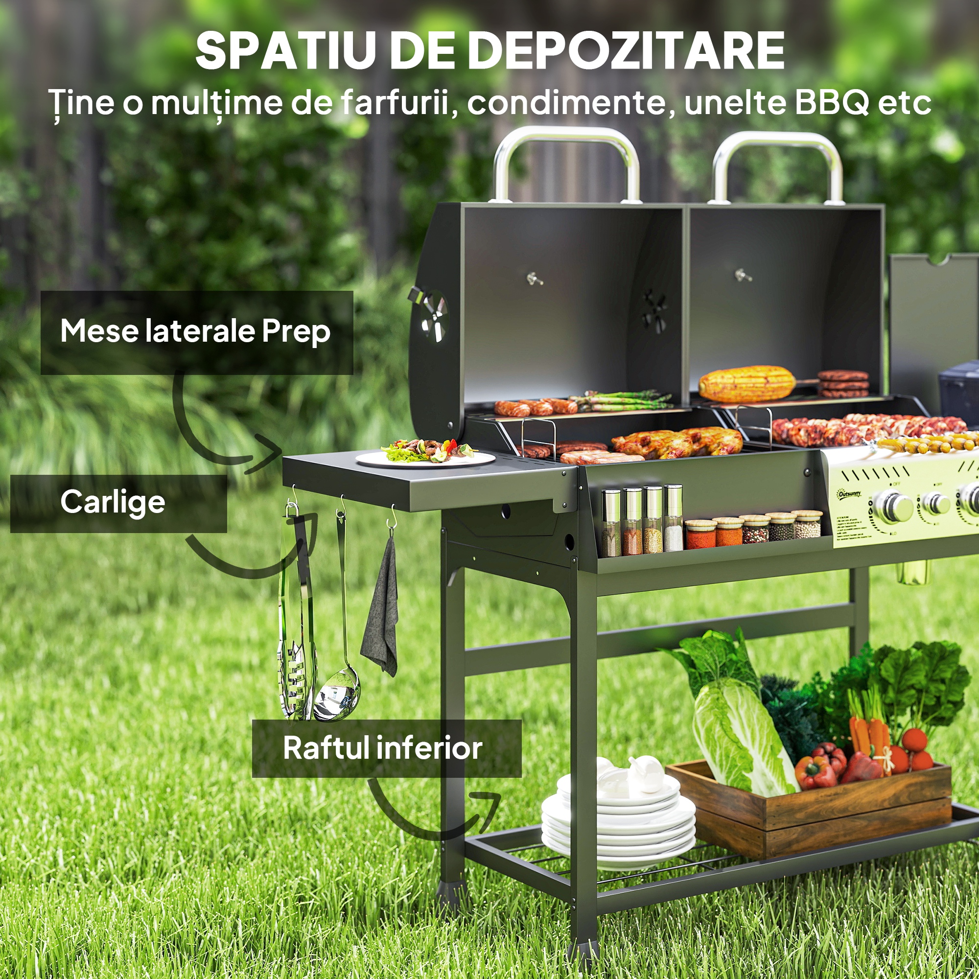  Gratar cu Carbune si Gaz cu 3 Arzatoare si Capac cu Termometru, Negru [6]