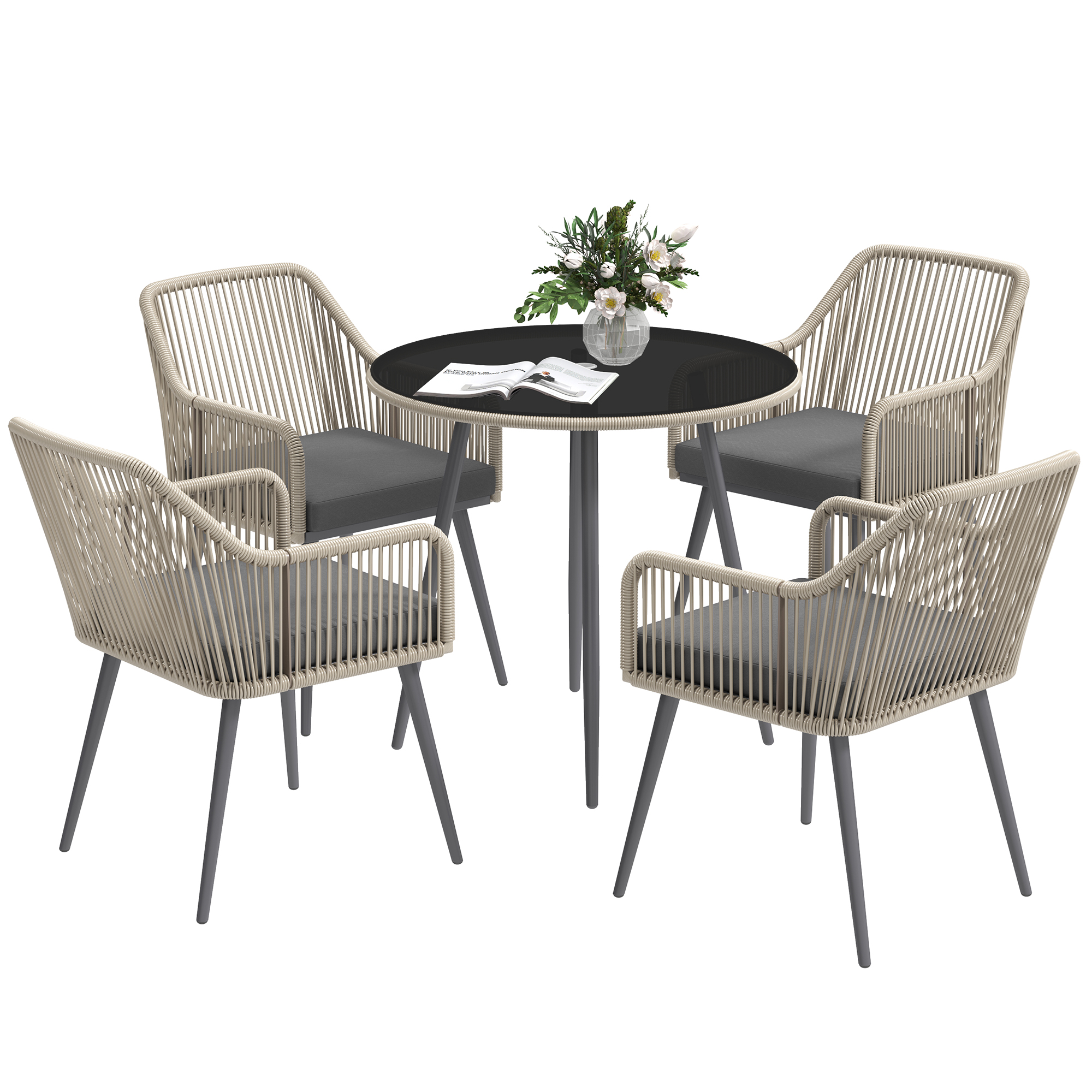 Gradina & balcon -  Set Mobilier de Gradina cu Masa Rotunda si 4 Scaune, 54x65x80 cm, Maro Deschis