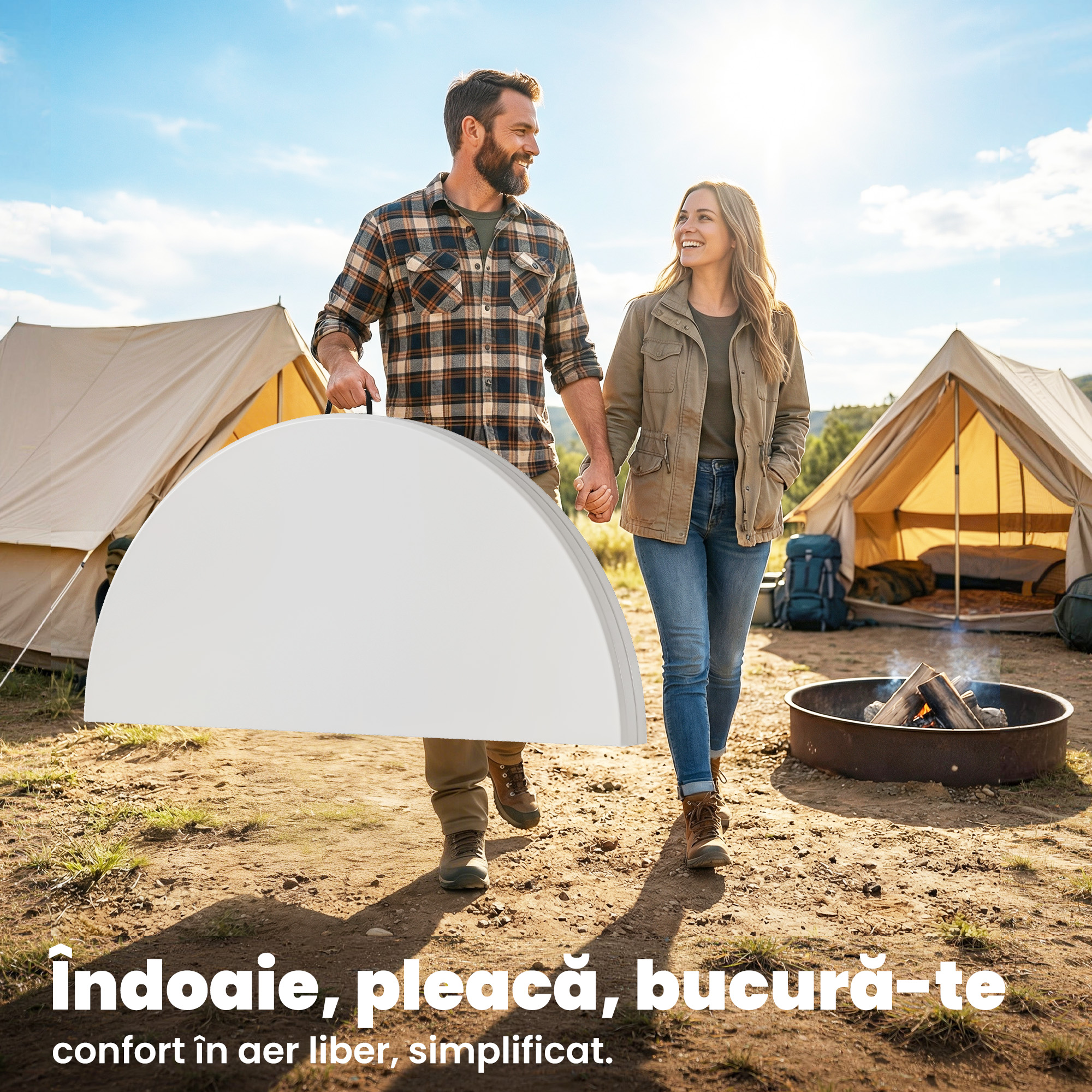  Masa de Camping Rotunda Pliabila, din Metal si HDPE, 120x120x74 cm, Alb [4]