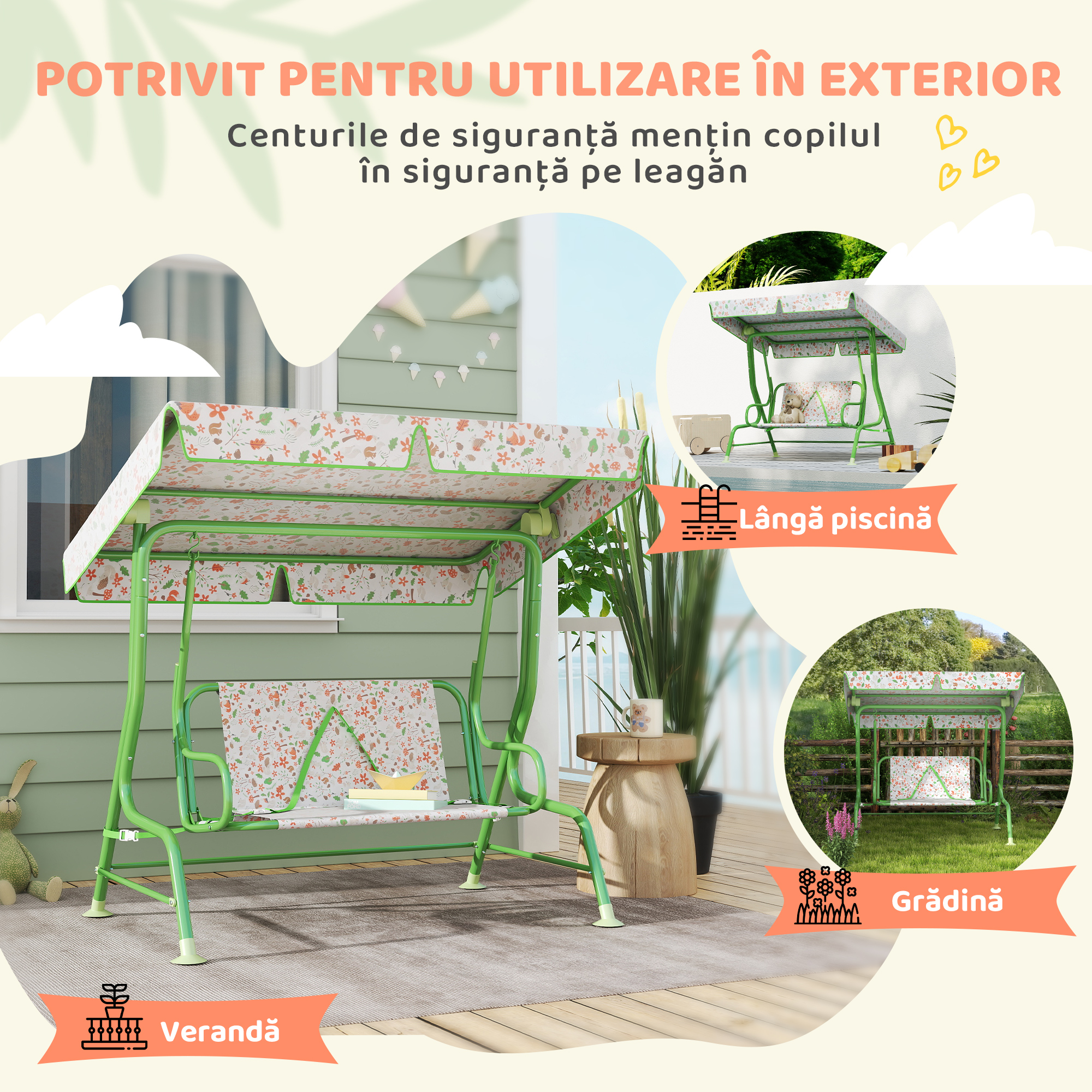  Balansoar pentru Copii de Exterior cu 2 Locuri cu Copertina Reglabila si Centuri de Siguranta, 112x75x120 cm, Verde [5]