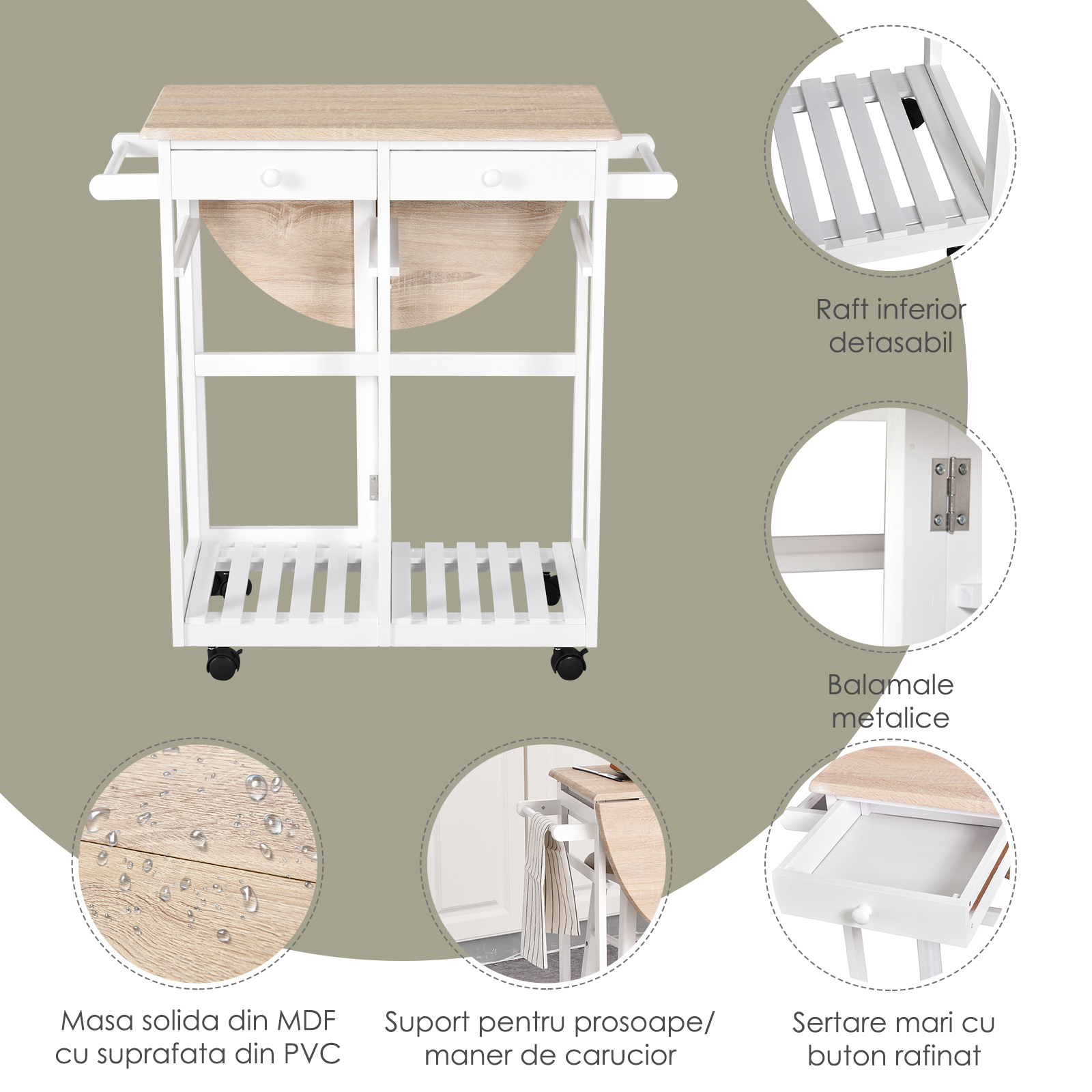  Carut Bucatarie Pliabil - Cu 2 Scaune Incluse, MDF Alb [3]