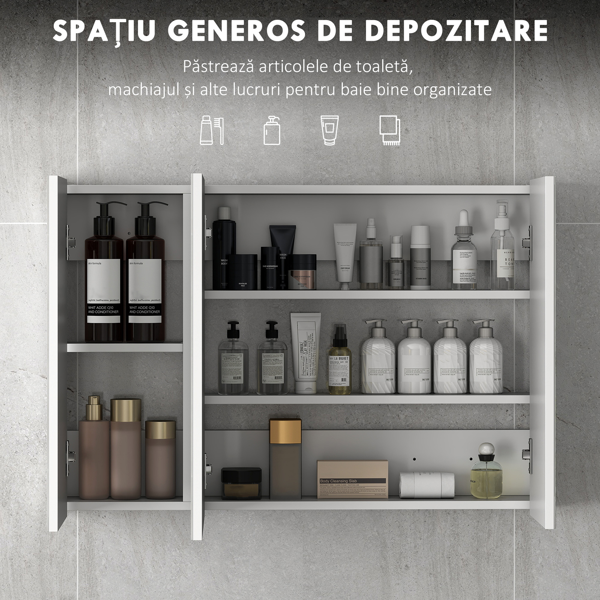  Dulap de Baie Suspendat cu Oglinda cu 3 Usi, Alb [3]