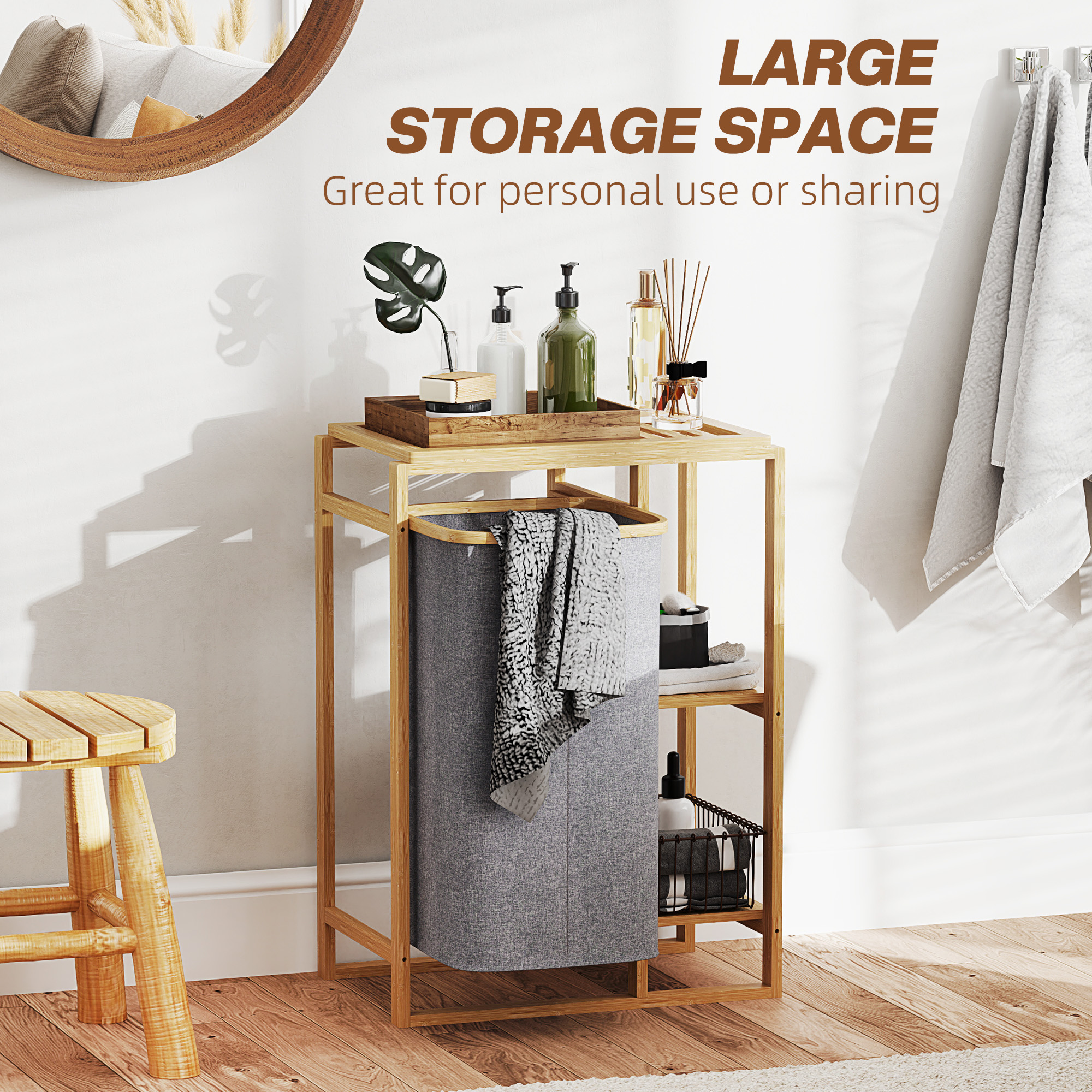  Cos Portabil Rufe cu Sac & Raft Bambus 50×32×70 cm - Gri [3]