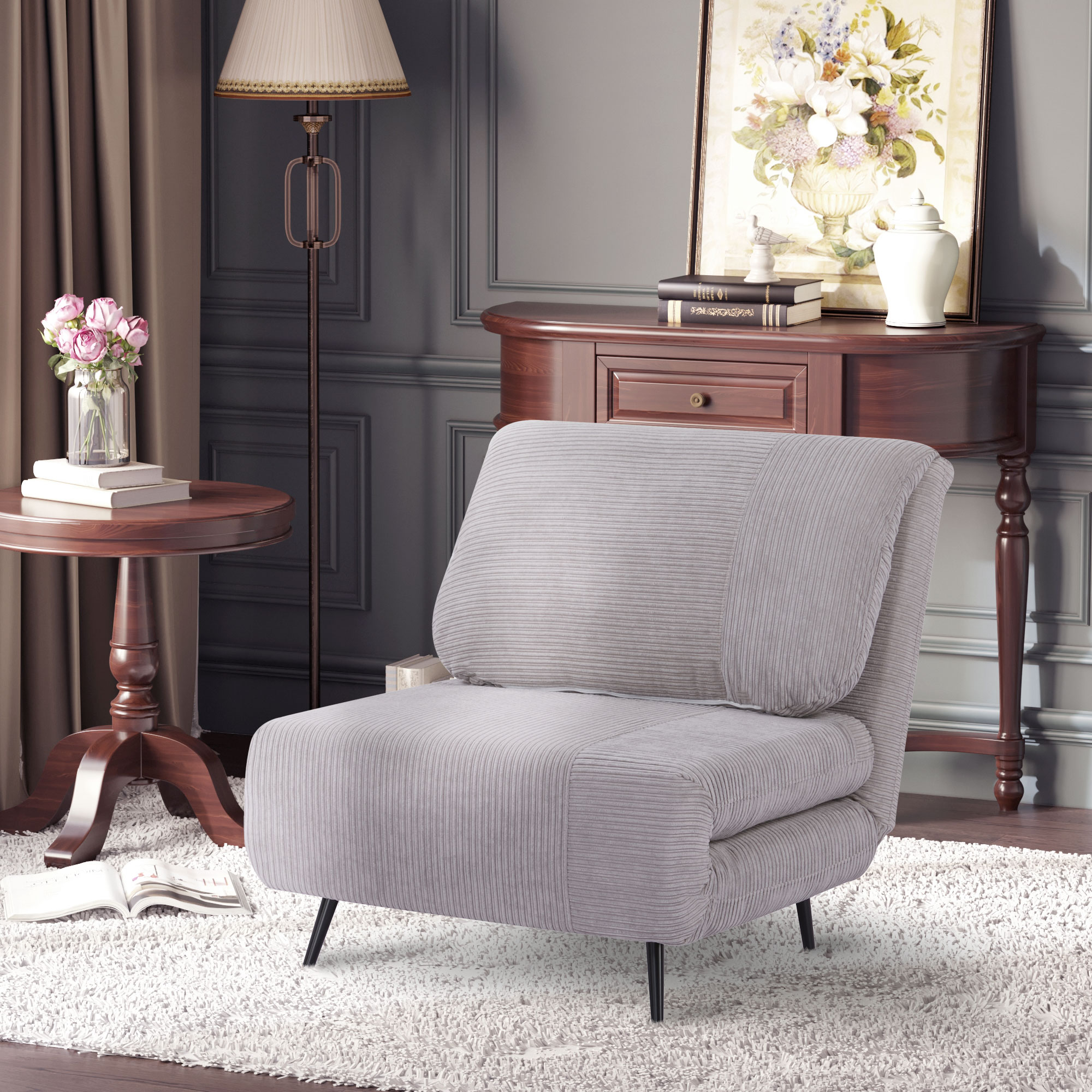  Fotoliu Pat 2 in 1 reglabil pe 3 niveluri cu sezut foarte mare si captuseala din spuma, structura din lemn, otel si efect de catifea gri [1]