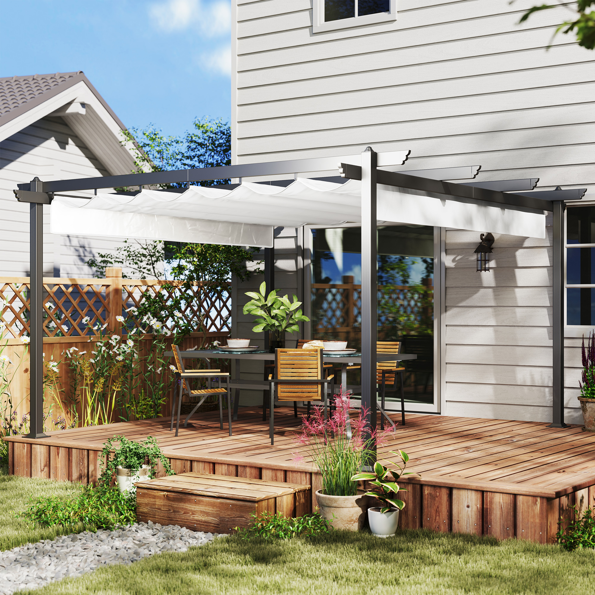  Pergola Retractabila cu Structura din Aluminiu, Copertina de Soare pentru Gradina sau Terasa, 390x390x223 cm, Alb [1]