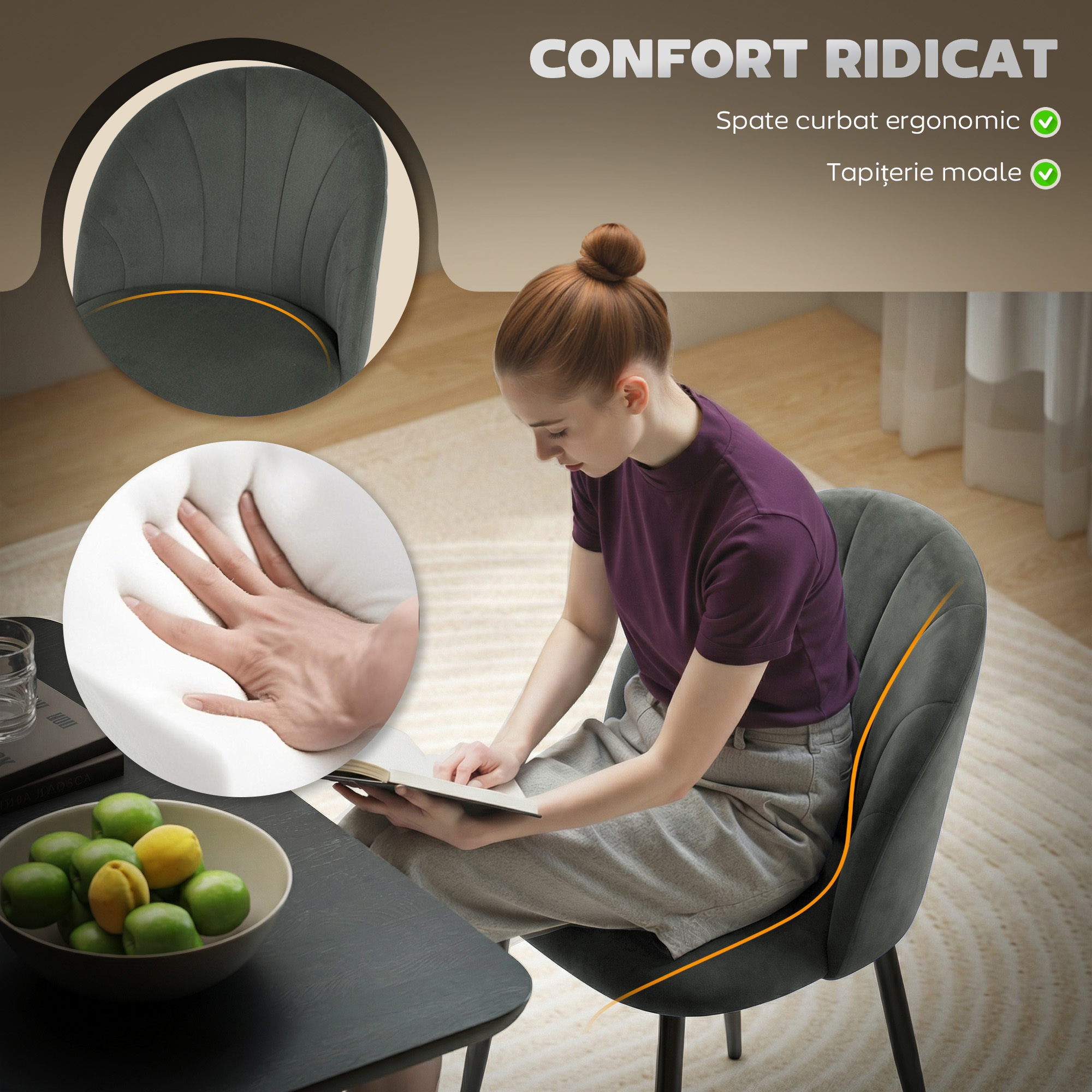  Set 2 Scaune de Sufragerie Tapitate cu Spatar Tip Scoica din Catifea, 52x55x79 cm, Gri [5]