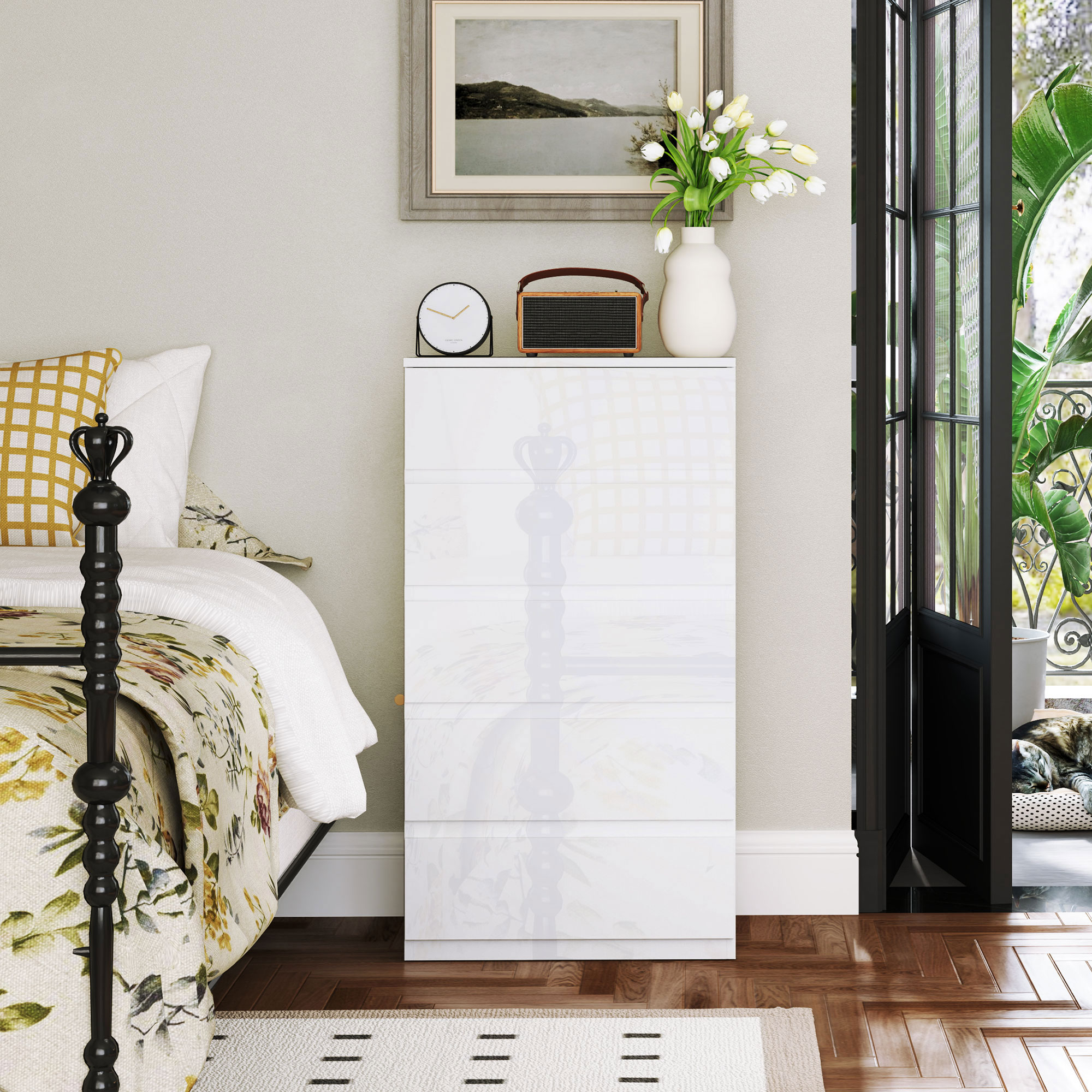  Comoda Moderna Anti-rasturnare, Comoda cu 5 Sertare din Pal Melaminat, 55x33x100 cm, Alb Lucios [5]