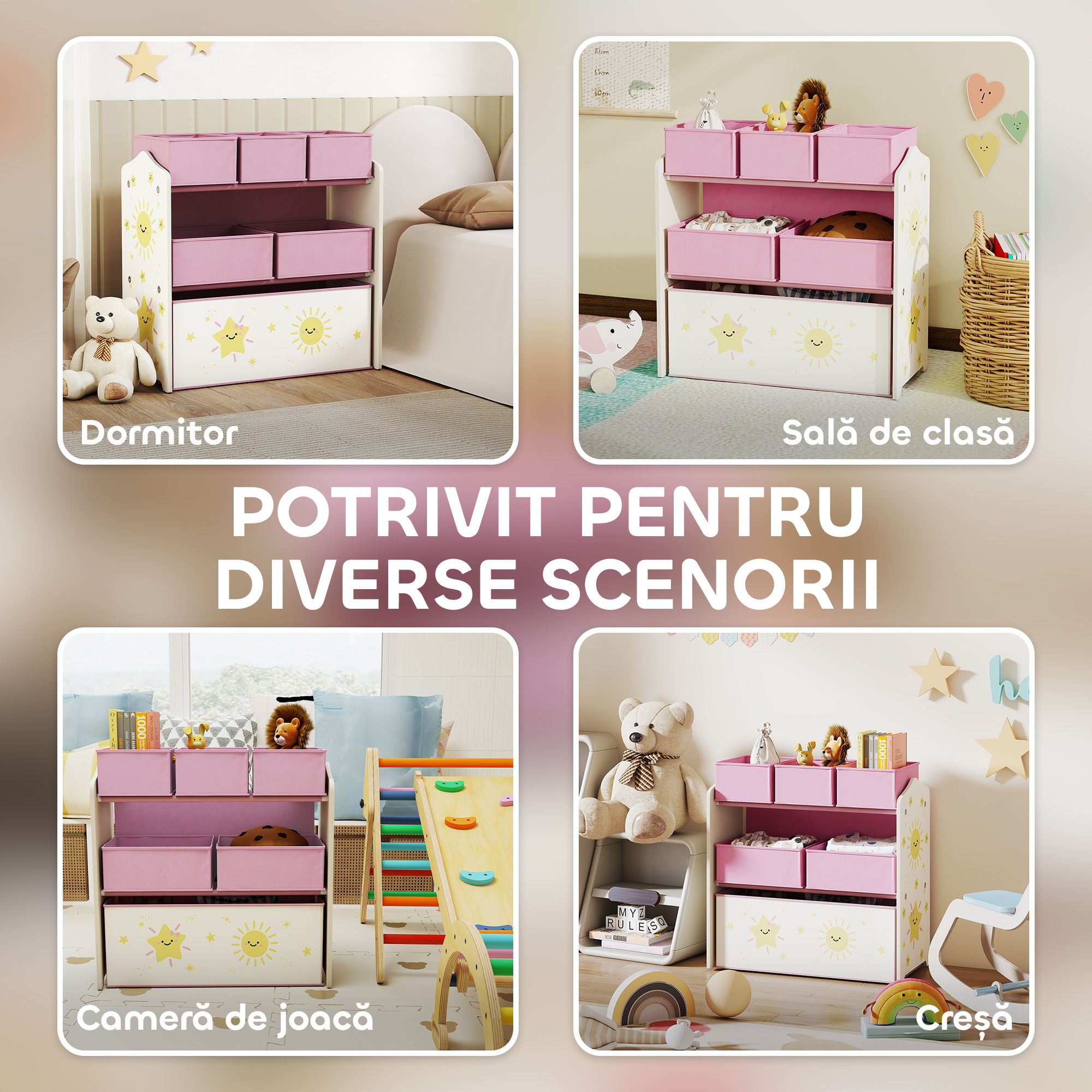 Raft pentru Depozitarea Jucariilor Copii cu 3 Niveluri si 6 Containere din Material Textil Detasabile, Mobilier pentru Camera de Joaca, Dormitor si Living, Roz [6]