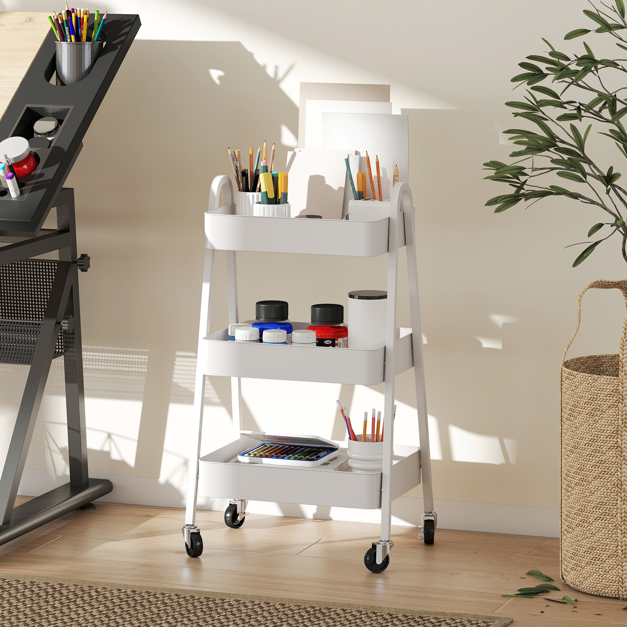  Carucior Multifunctional pentru Bucatarie cu 3 Niveluri, Roti Pivotante cu Frana si Manere, Alb [6]