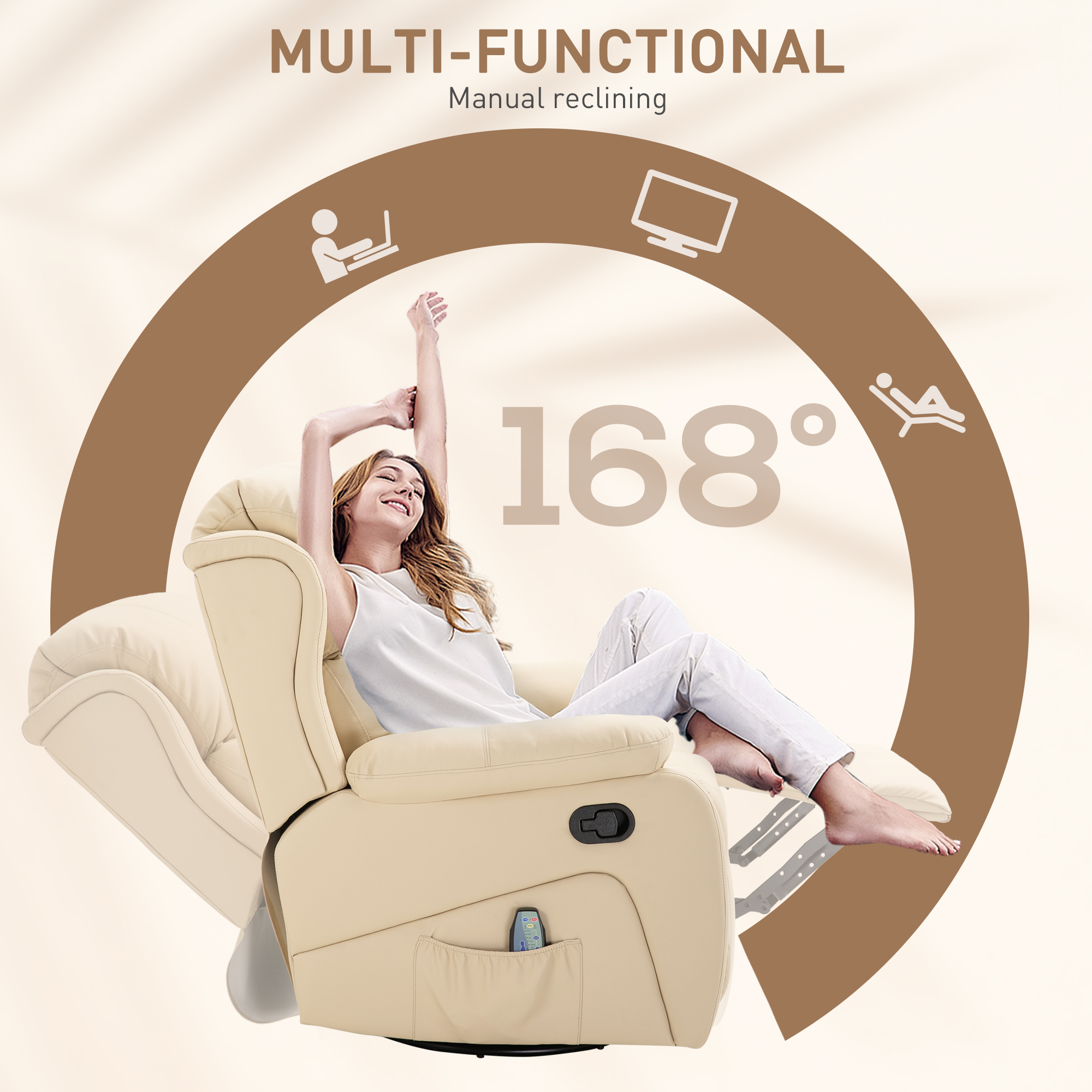  Fotoliu de Ralaxare cu 8 puncte de masaj si incalzire, Fotoliu Reclinabil cu Suport pentru Picioare, 97x92x104 cm, Bej [4]