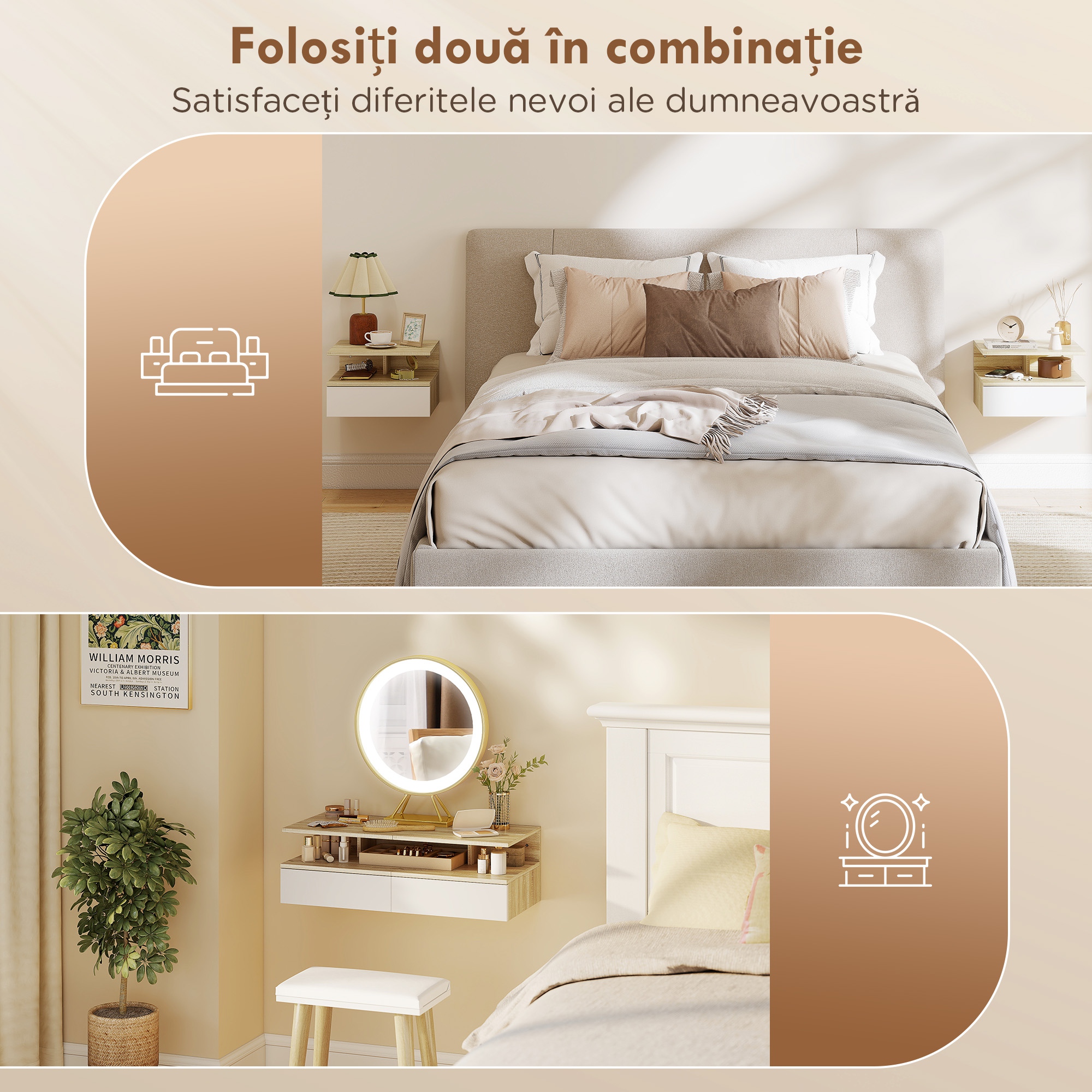  Set de 2 Noptiere Suspendate cu Sertar si Raft Deschis, 35x32x22,5 cm, Alb si Stejar [4]