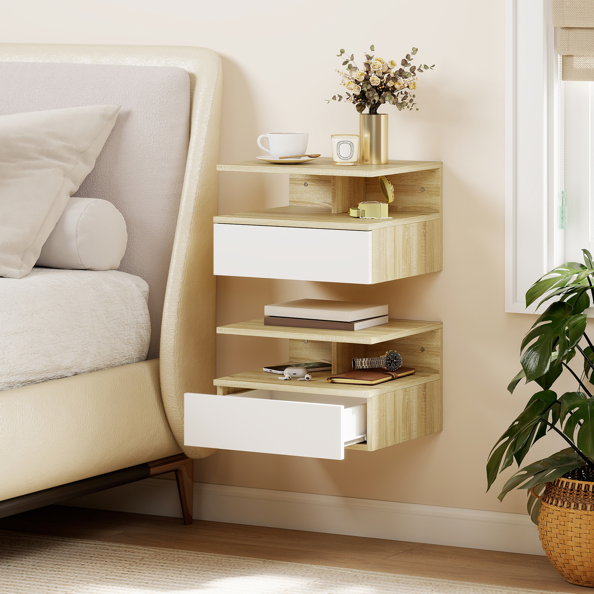  Set de 2 Noptiere Suspendate cu Sertar si Raft Deschis, 35x32x22,5 cm, Alb si Stejar [1]