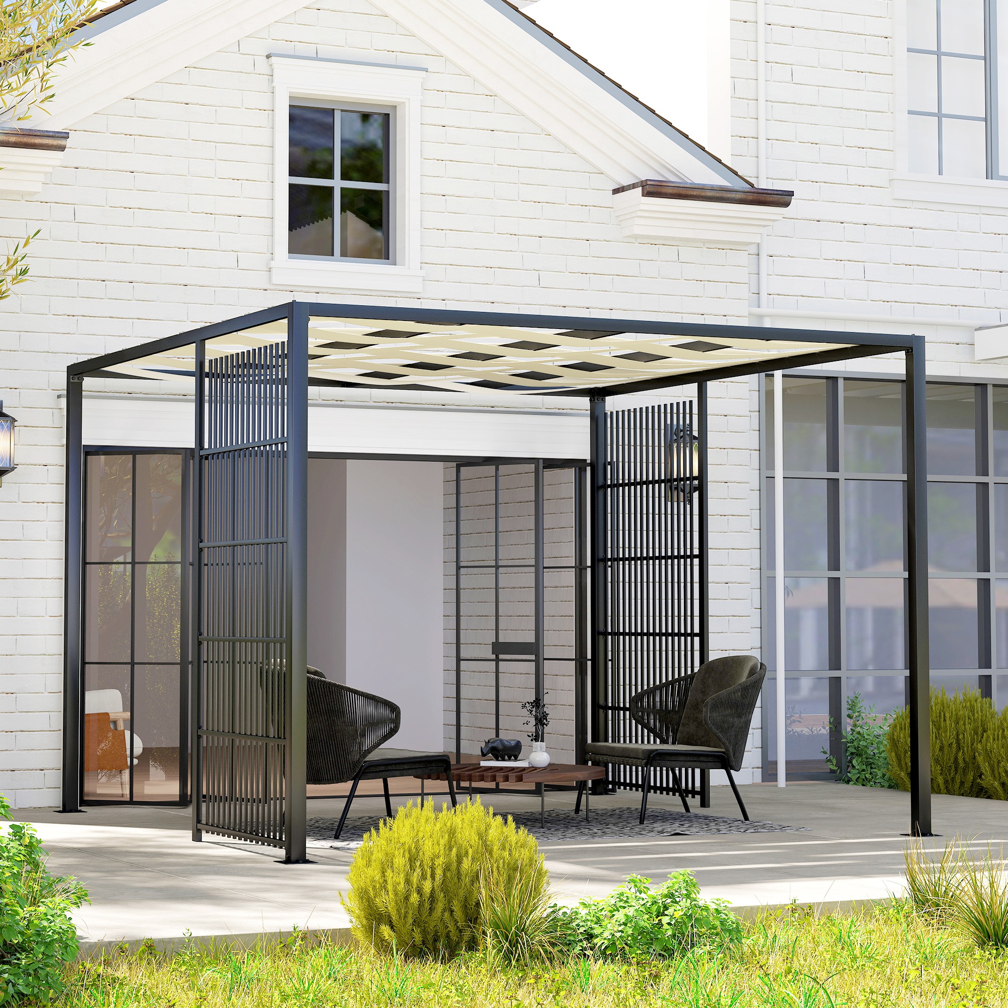  Pergola cu Acoperis Ondulat si Panouri Laterale pentru Intimitate, 3x3m, Negru [8]