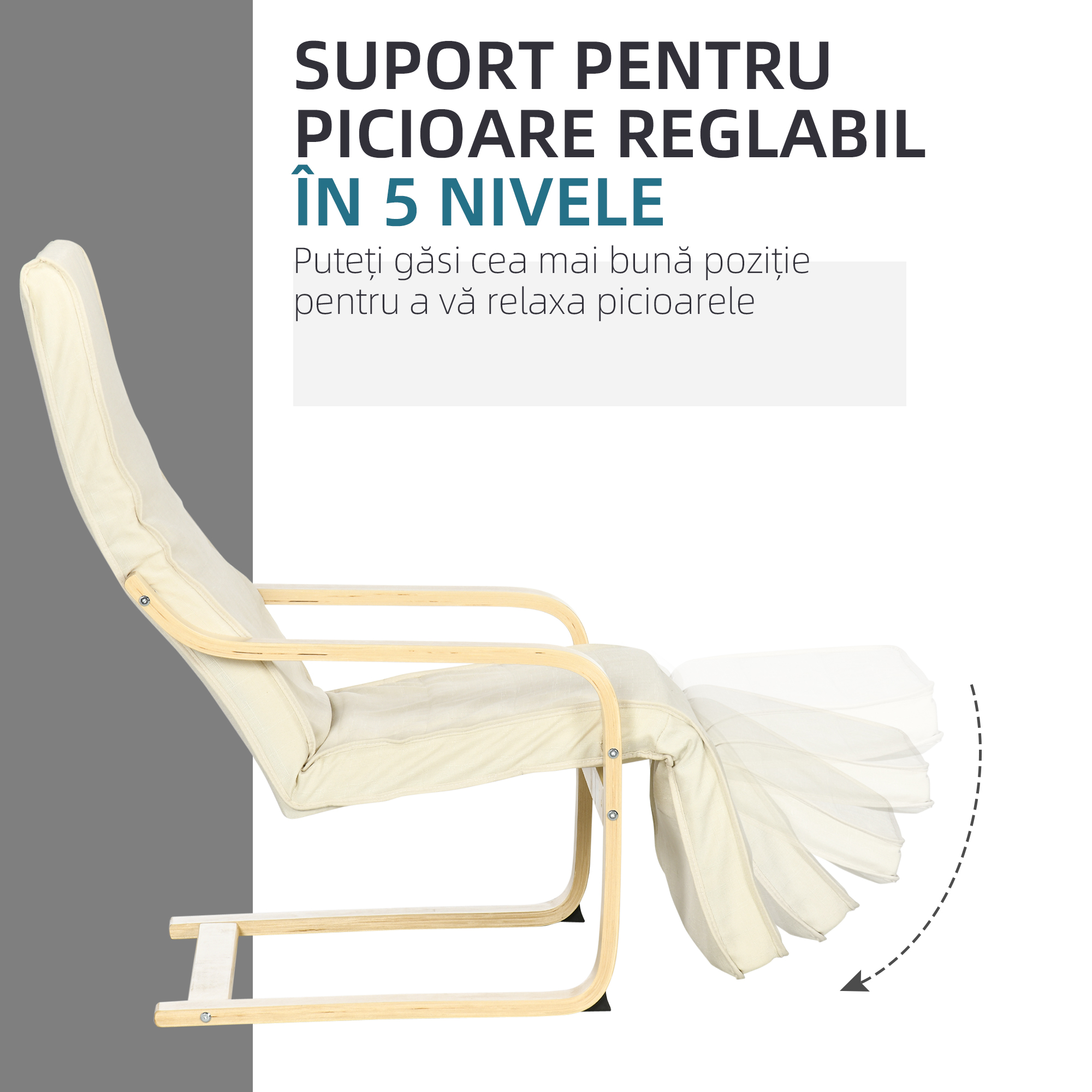  Fotoliu Relax cu Suport pentru Picioare Reglabil pe 5 Niveluri si Tetiera, Cadru din Lemn de Mesteacan si tesatura, 66,5x94x100 cm, Crem [3]