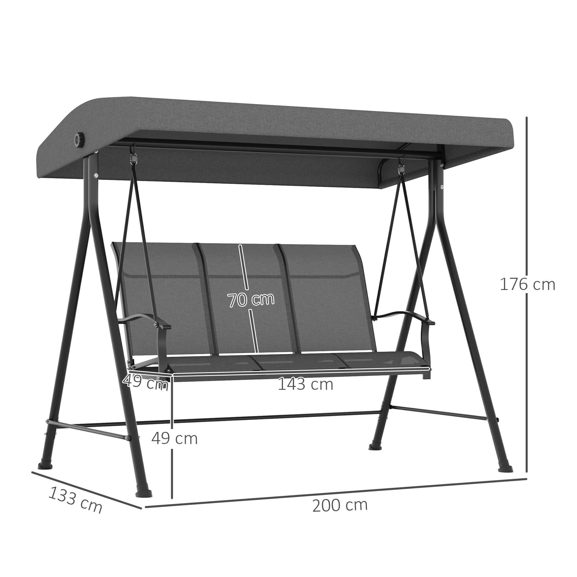  Balansoar de Gradina cu 3 Locuri, Copertina Reglabila si Picioare Anti-alunecare, 195x118x170 cm, Gri inchis [2]