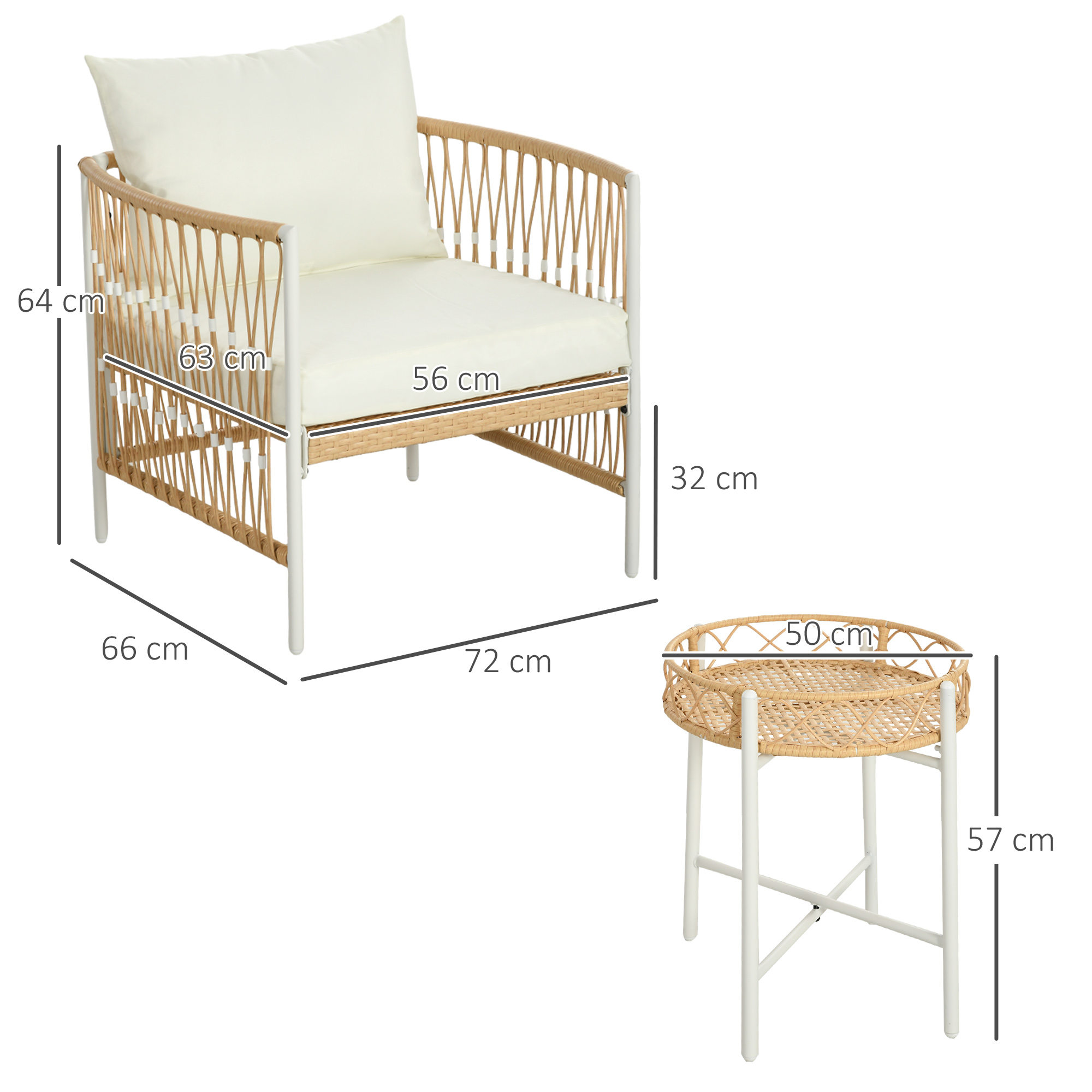  Mobilier din 3 Piese pentru Terasa, Set din 2 Canapele si o Masuta de Cafea pentru Exterior din Ratan, 72x66x64 cm, Crem [2]