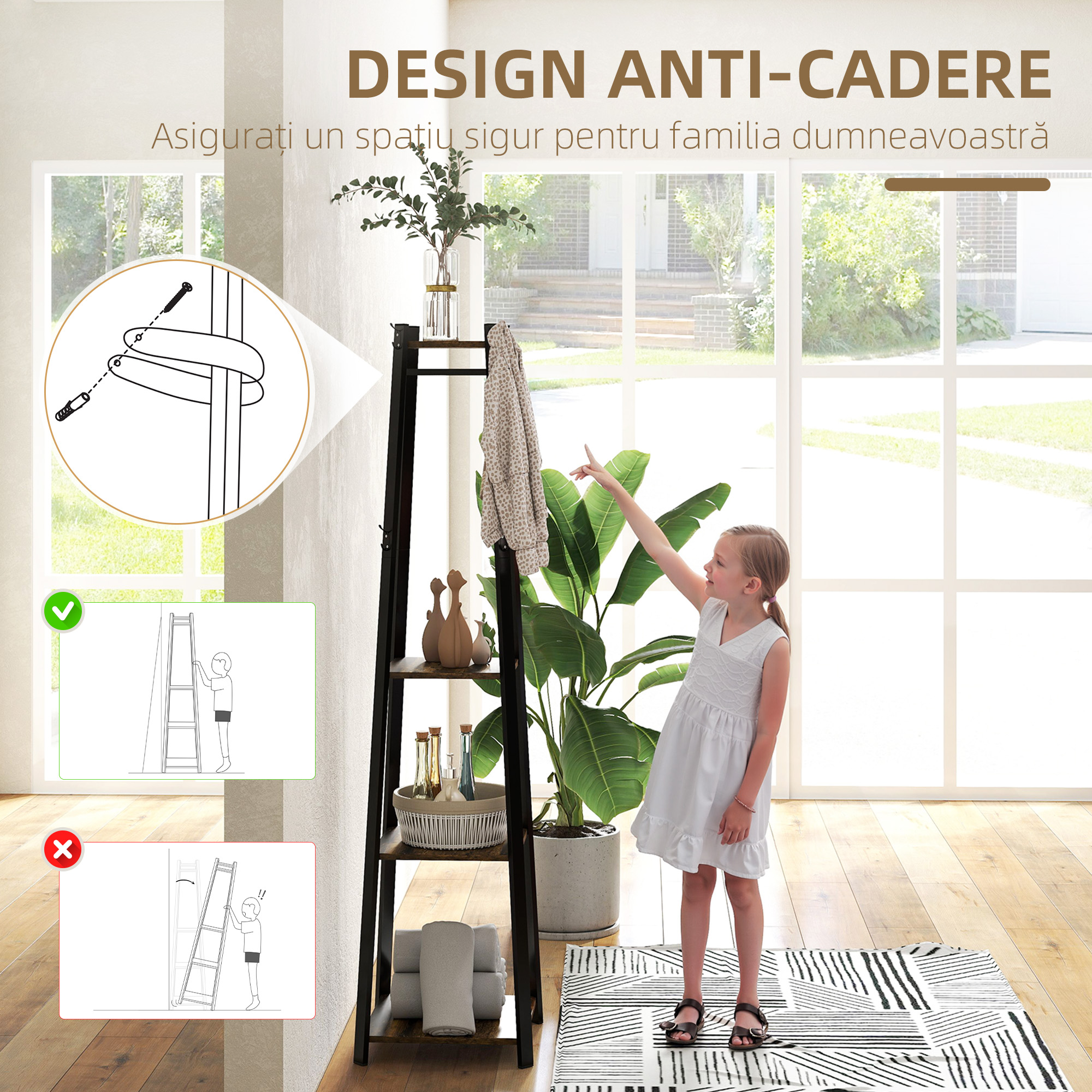  Cuier de Podea cu 8 Carlige, 3 Rafturi si Polita Superioara, Maro [5]