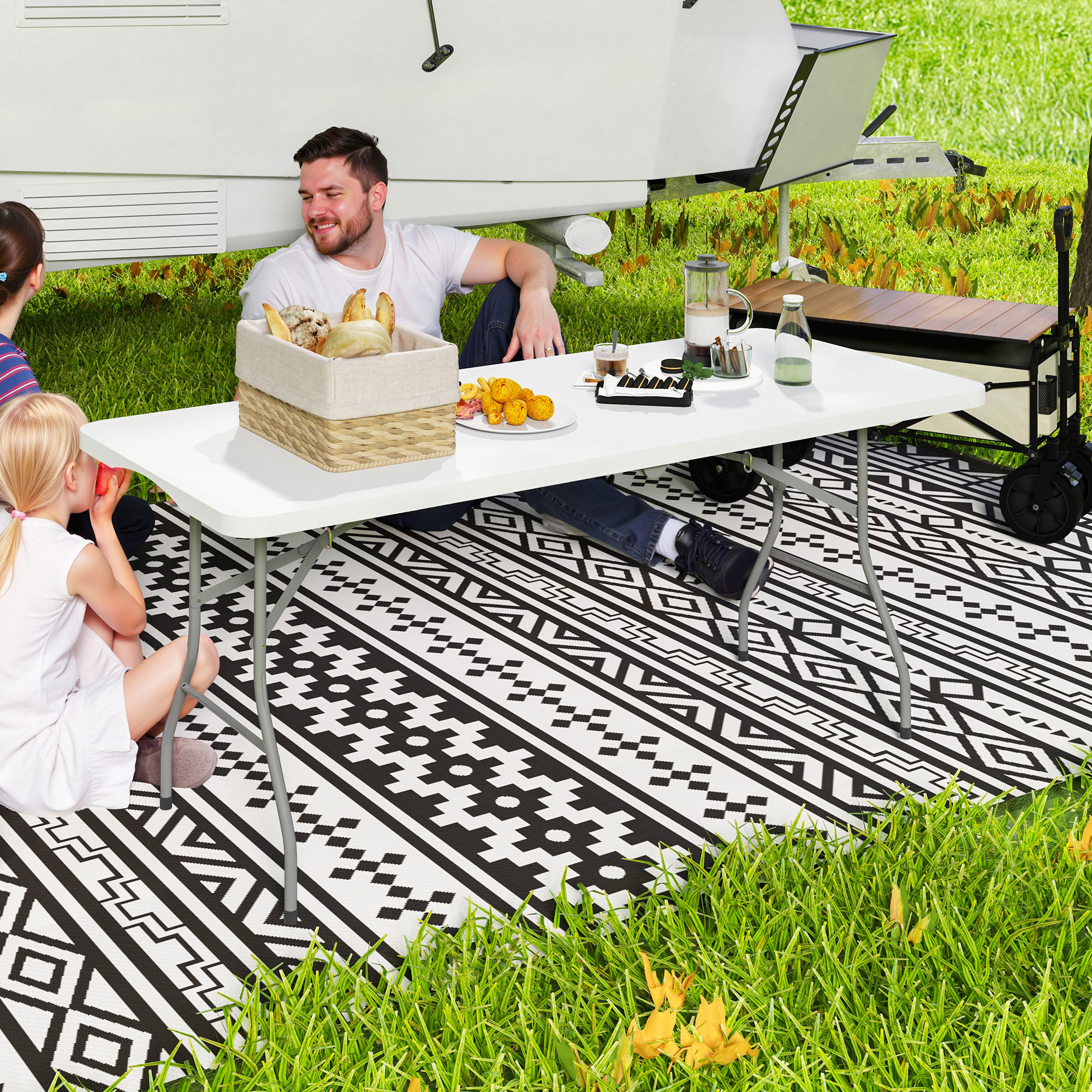  Masa de Camping Pliabila cu Maner, Cadru Metalic si Blat din Plastic, 180x74x74 cm, Alb [1]