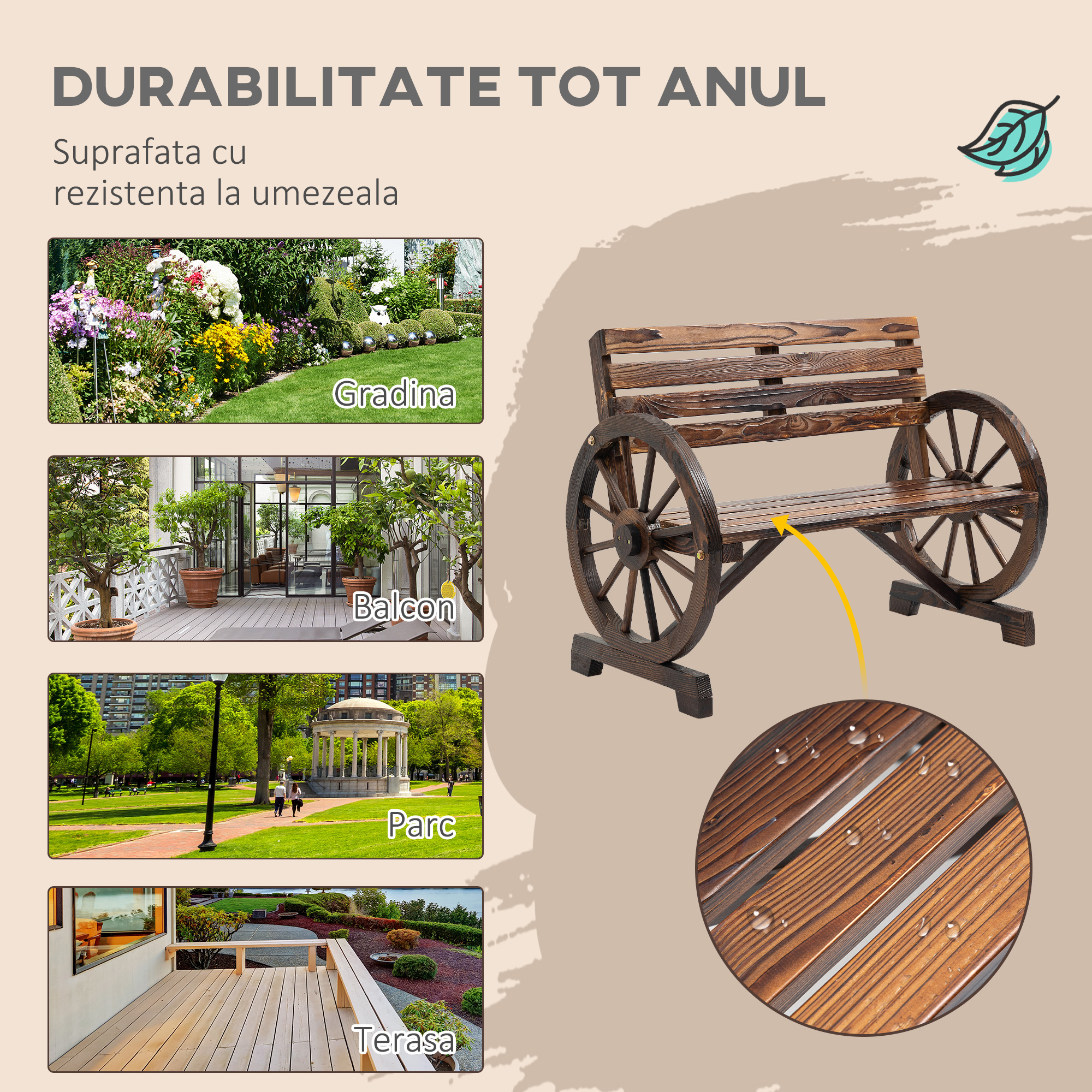  Banca de gradina cu 2 locuri, sipci din lemn, brate in forma de roata de caruta, 105,5x56x79 cm, maro ars [5]