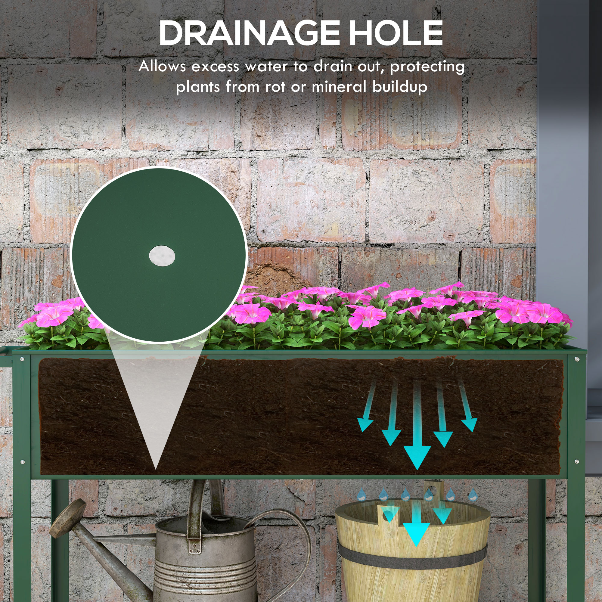  Jardiniera Exterioara cu Raft Inferior pentru Unelte, Jardiniera Metalica cu 2 Roti si Maner, 109x44x80 cm, Verde [6]