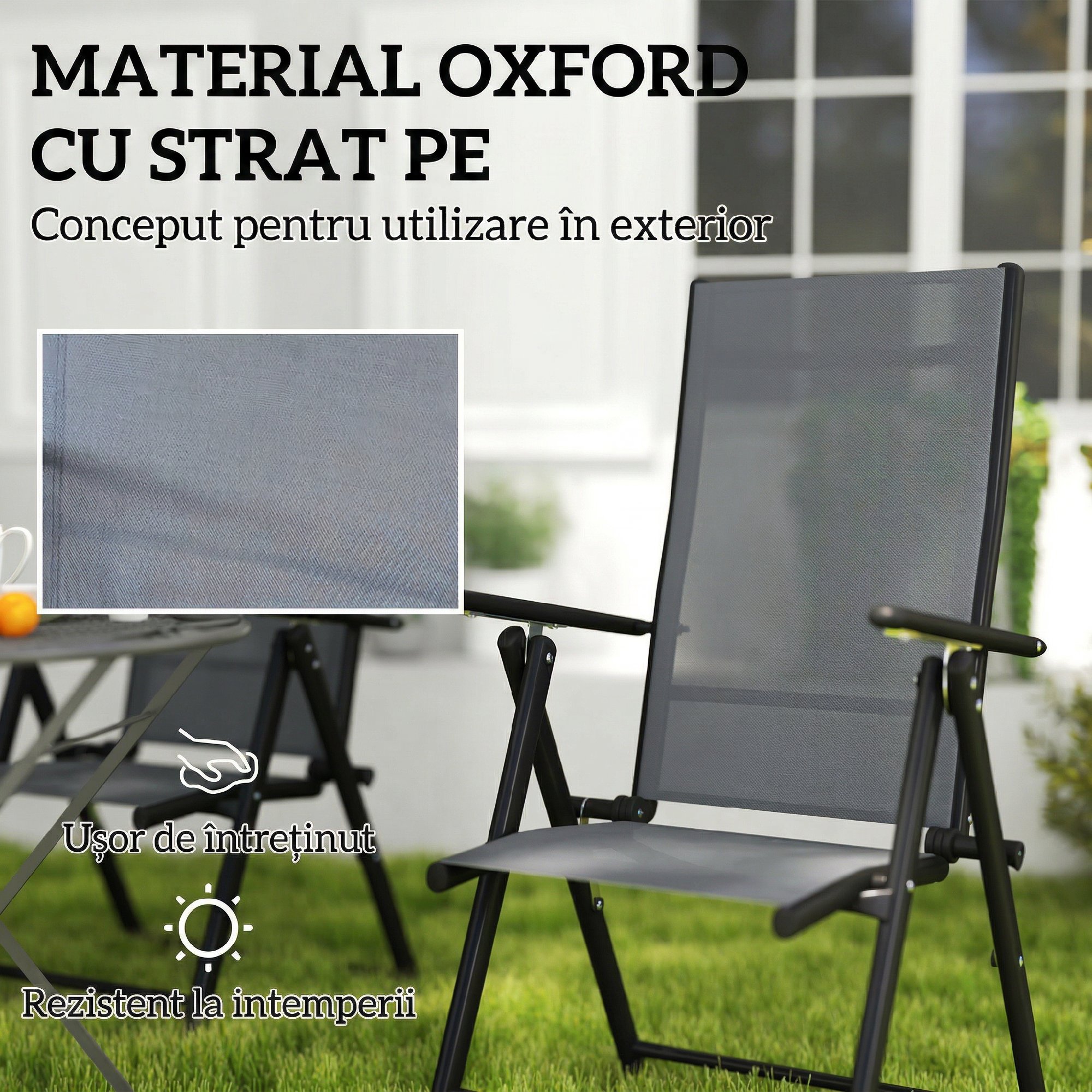  Set 4 Scaune de Gradina Pliabile si Respirabile cu Brate, din Otel si Poliester, 56x69x106 cm, Gri [3]