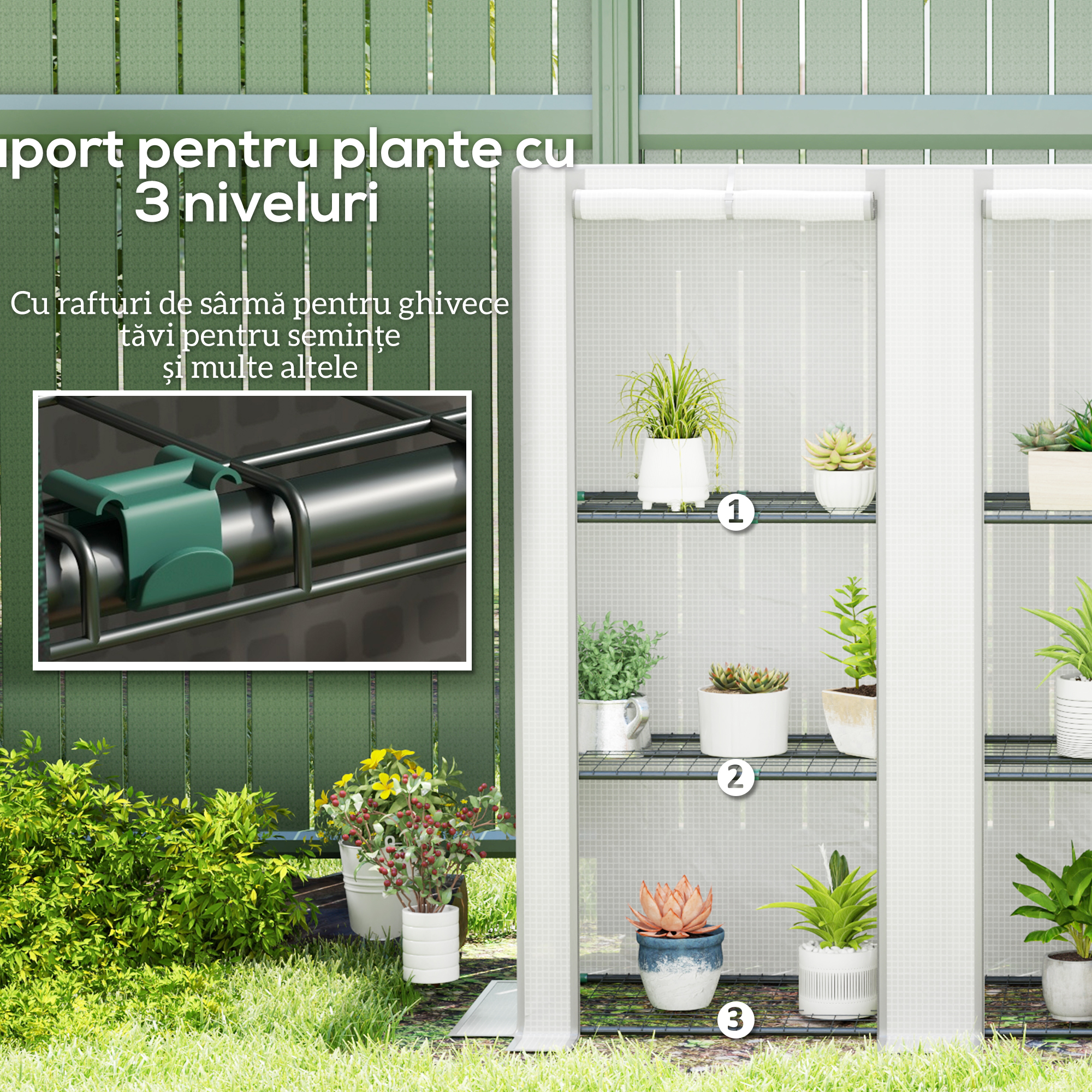  Sera de Gradina cu 2 Usi Rulabile, Raft cu 3 Niveluri si Buzunare Laterale, Alb si Gri [4]