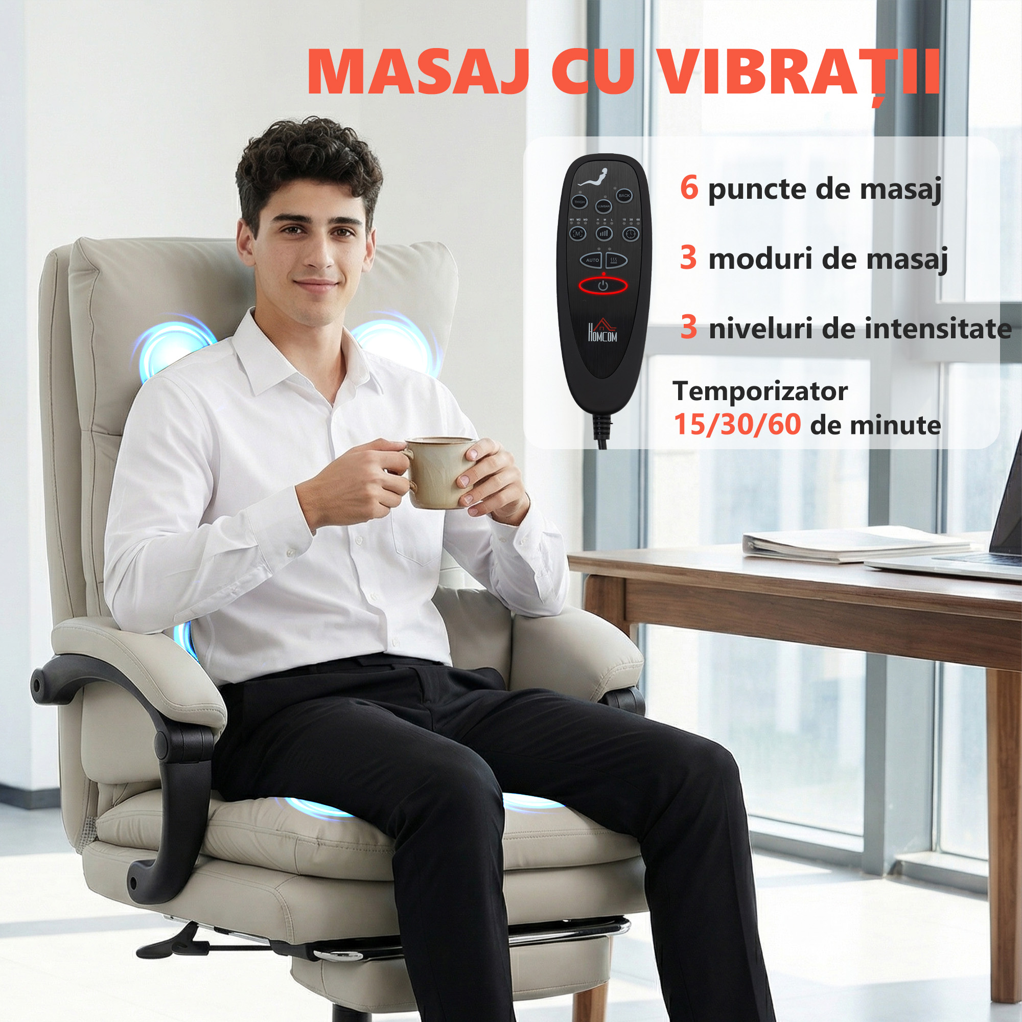 Scaun de birou  cu masaj in 6 puncte, functie de incalzire, rabatabil la 135° din piele sintetica, cu suport pentru picioare, brate captusite, spatar inalt, gri deschis [3]