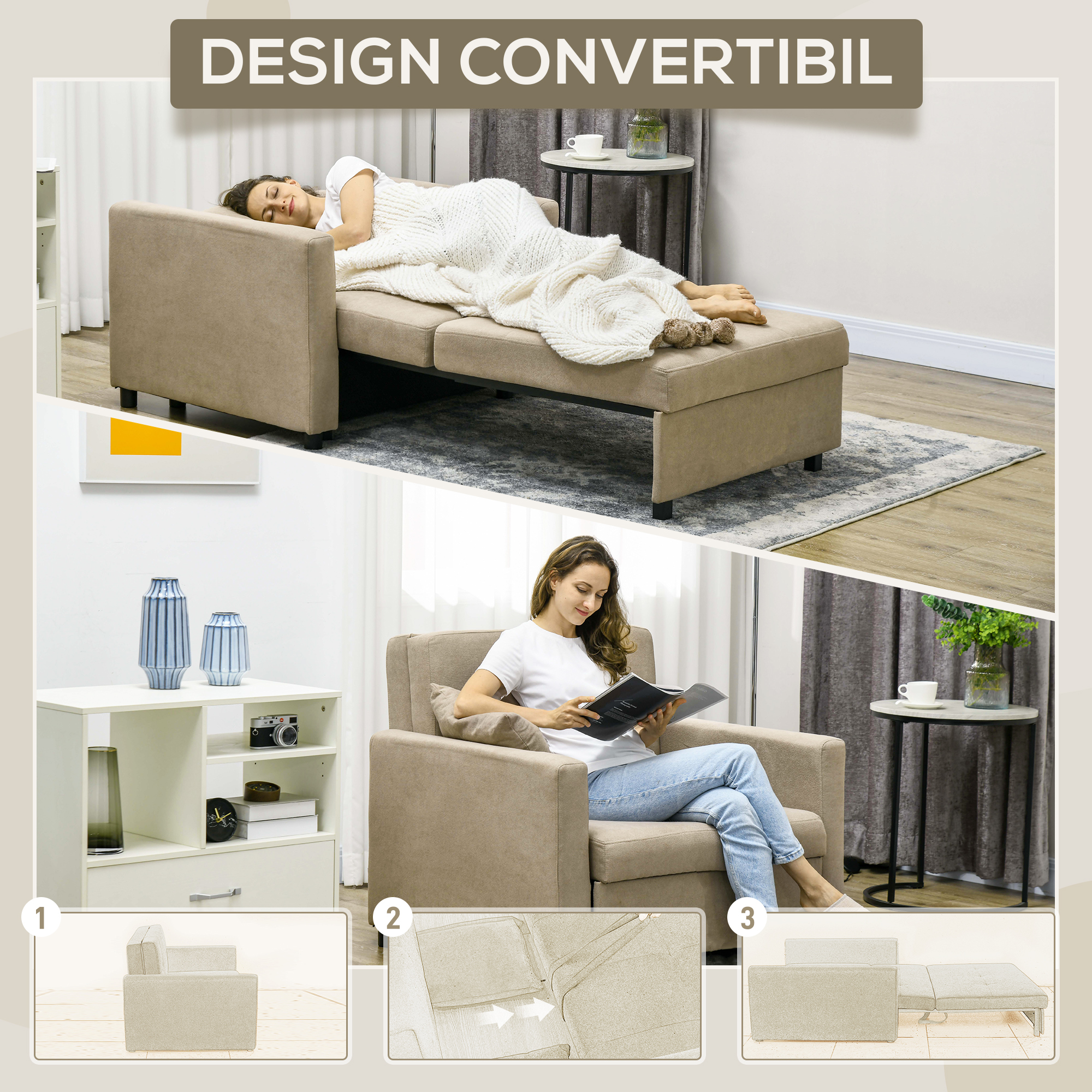  Fotoliu Pat Individual cu 2 Perne si Spatiu de Depozitare, Canapea Extensibila, 100x98x88 cm, Maro Deschis [3]