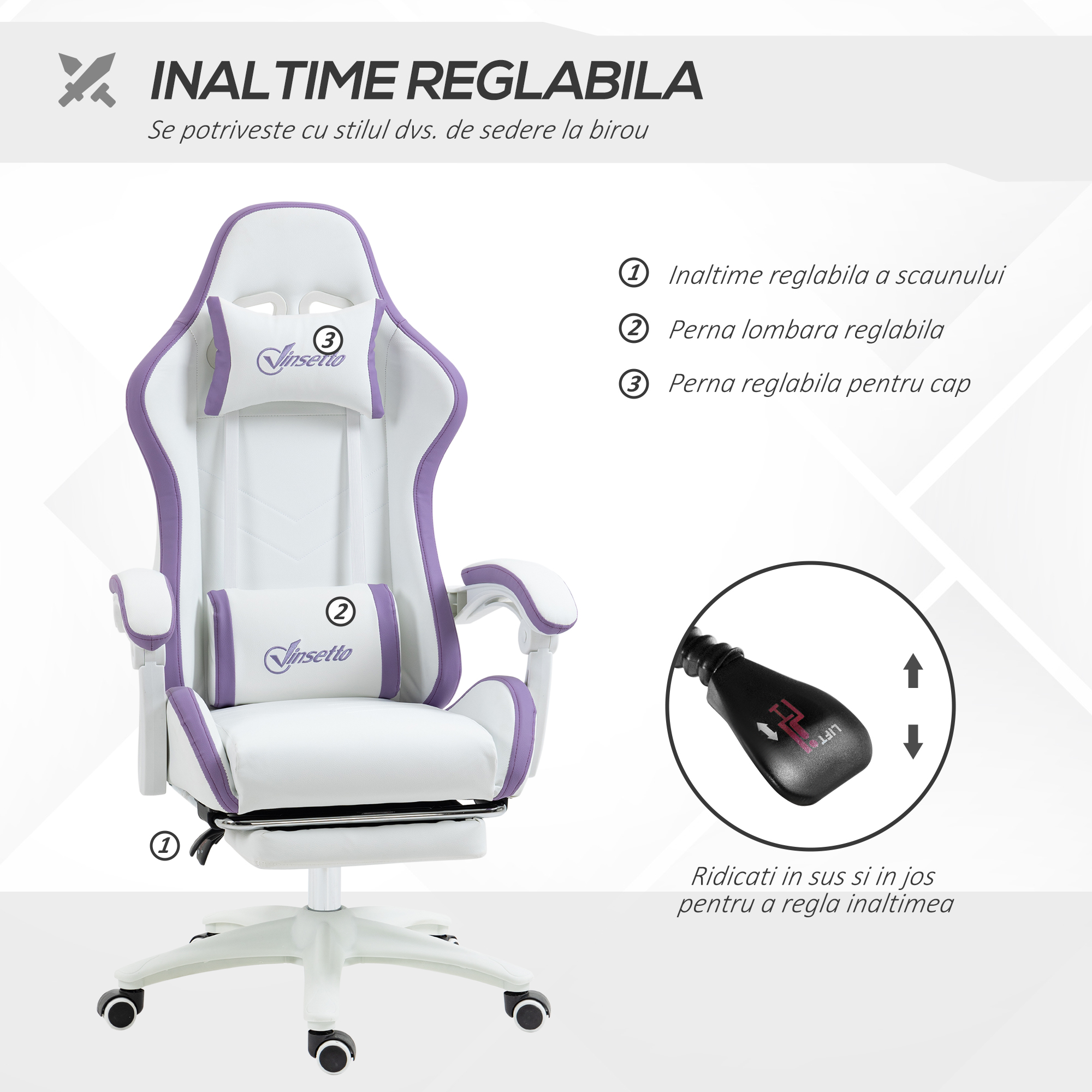  Scaun Gaming Reglabil pe inaltime cu Tetiera, Alb si Mov [3]