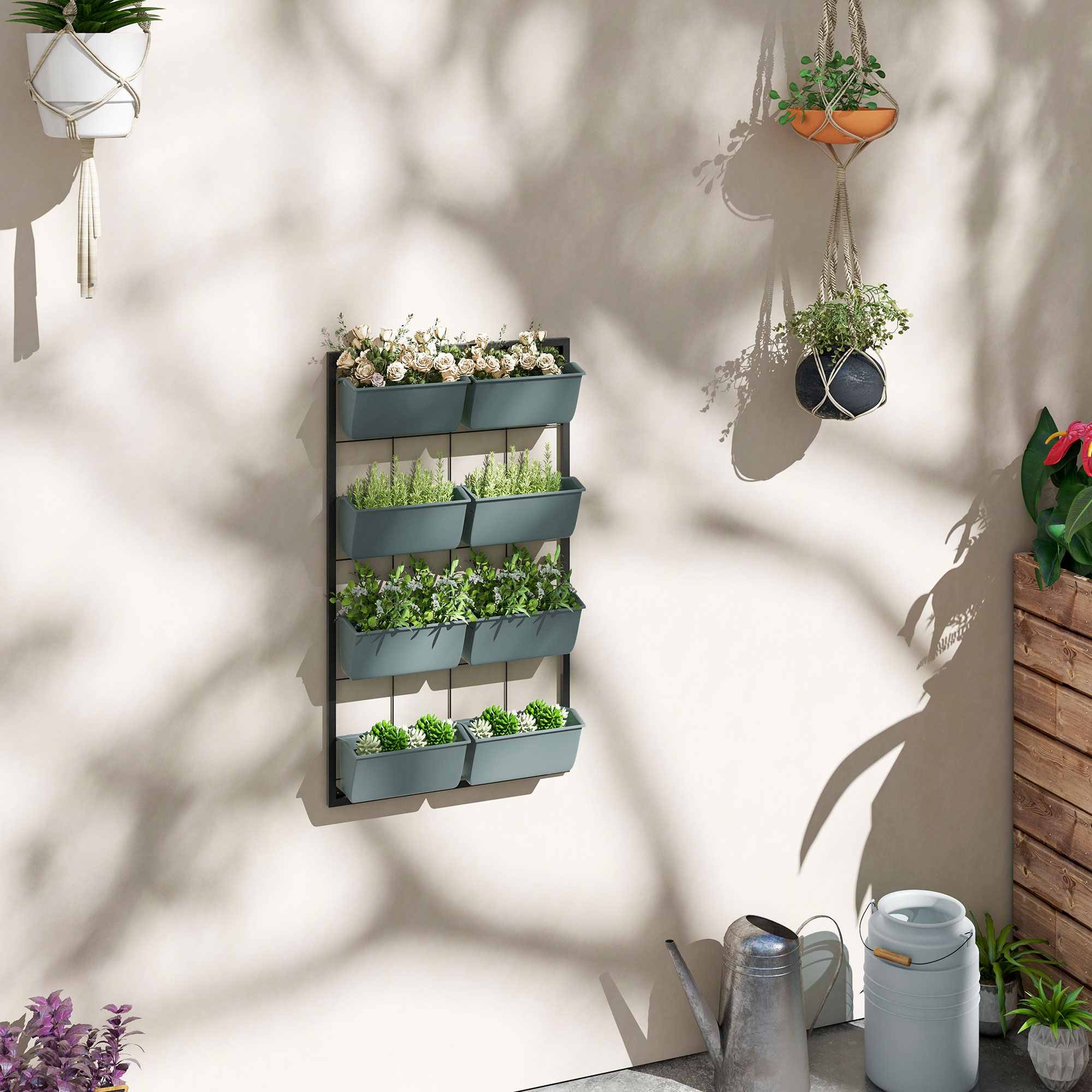  Trepte pentru Plante, 8 Ghivece Stivuibile, Rezistente la Intemperii, 52,5 x 14 x 90 cm, Gri + Negru [1]