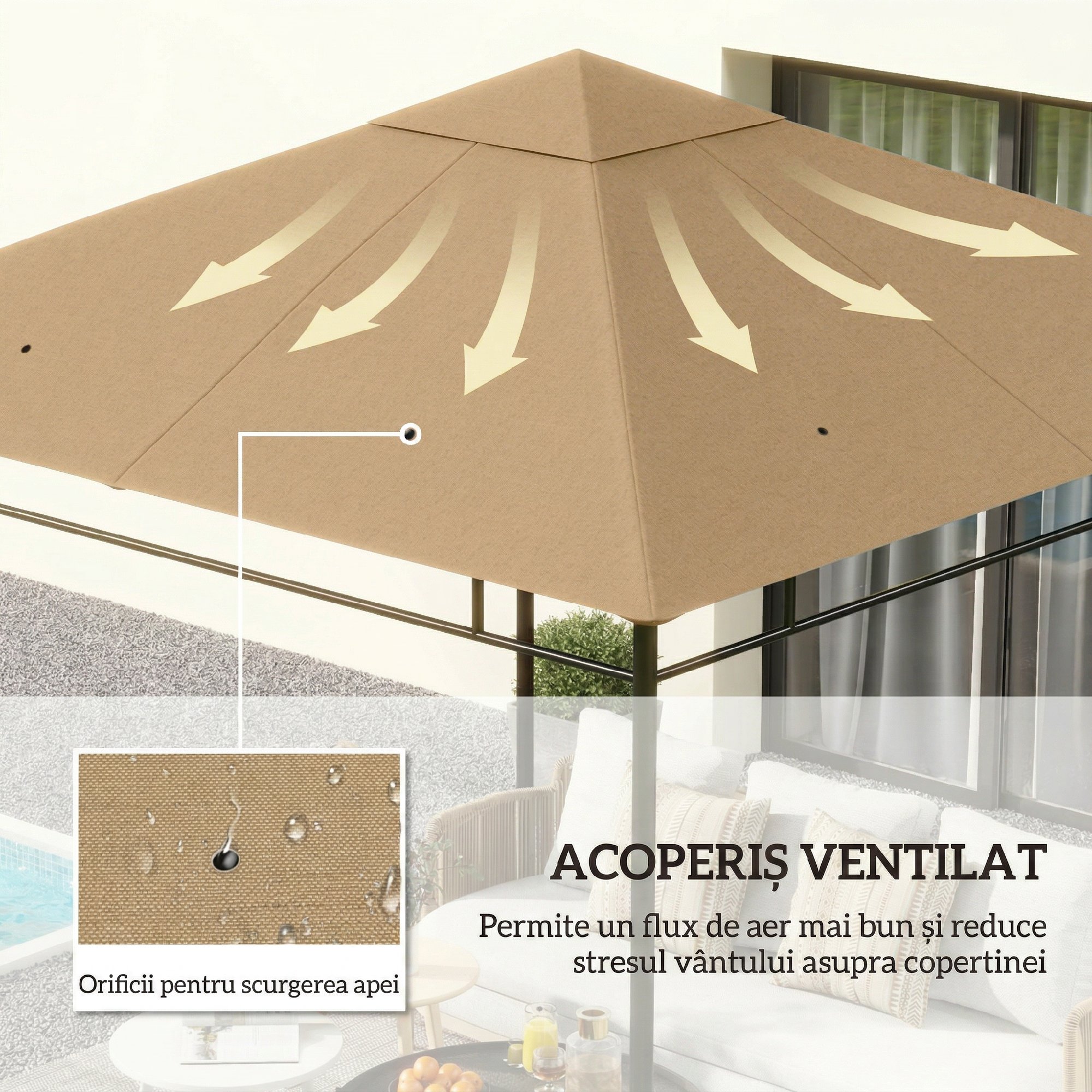  Acoperis de rezerva pentru pavilion 3x3m din poliester cu orificii de ventilatie si gauri pentru drenaj, bej [3]