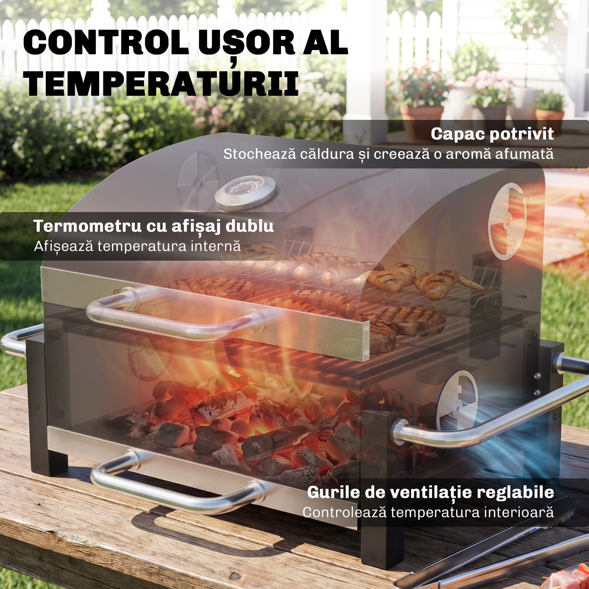  Gratar Pe Carbuni cu Orificii de Ventilatie, Sertar pentru Cenusa, Gratar Portabil cu Termometru, Gratare, Capac, Maner din Otel Inoxidabil, BBQ pe Carbuni pentru Gradina Camping, Negru [5]