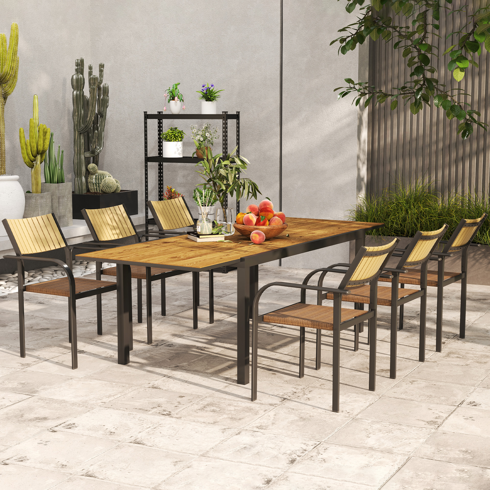  Set de Exterior din 7 Piese cu Masa Extensibila si 6 Scaune Suprapozabile, 160/240x90x74 cm, Maro [8]