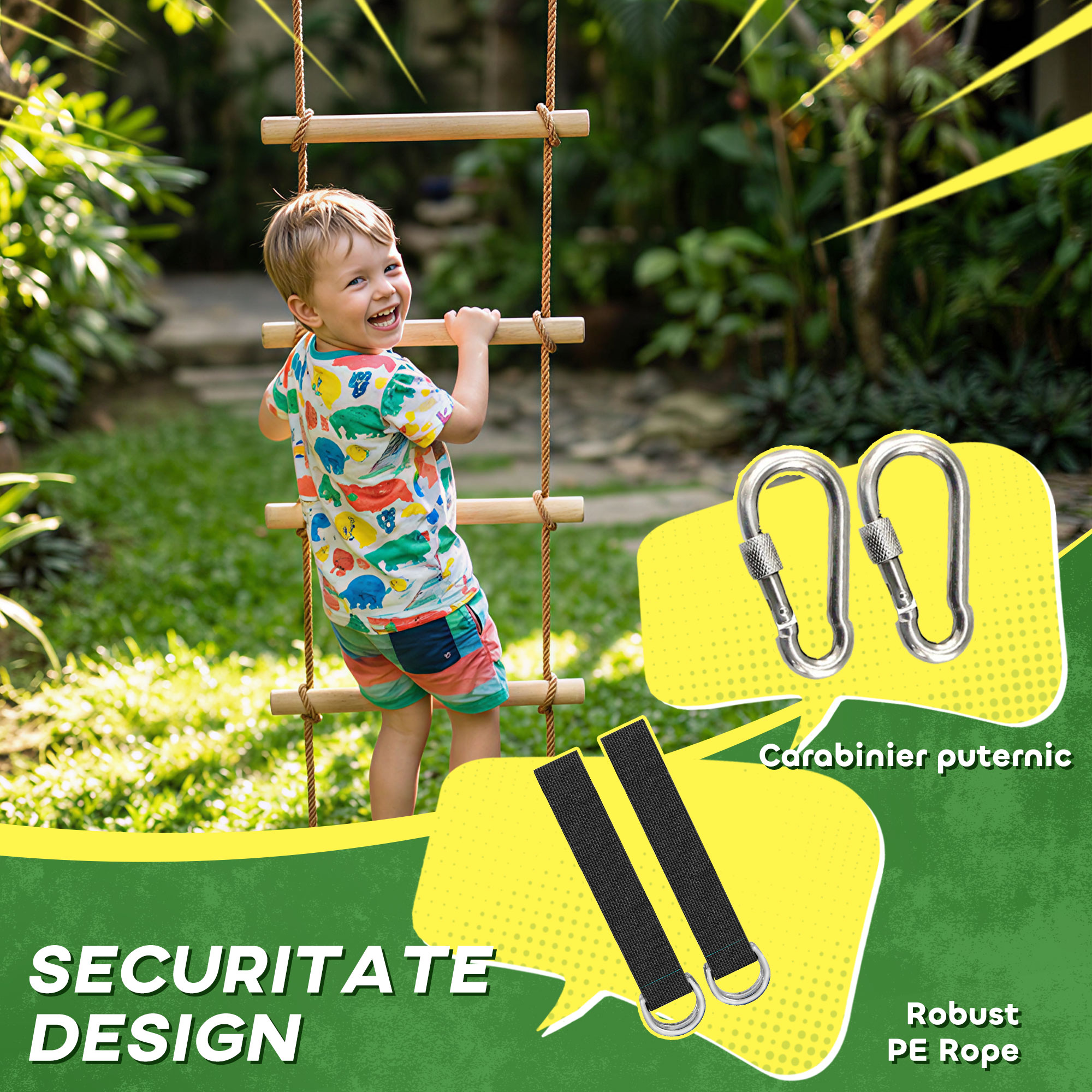  Scara de Franghie 1,8m, Accesorii pentru Leagane, Franghie pentru Parc de Joaca Exterior, Catarare cu 5 Trepte pentru Copii cu 2 Carabiniere si 2 Curele pentru Copaci [4]