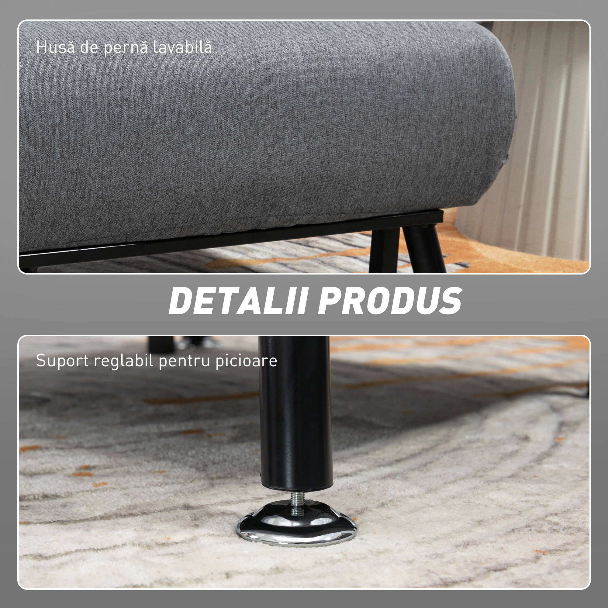  Fotoliu extensibil cu spatar ajustabil in 5 pozitii, tesatura cu efect de in si otel, 75x70x75 cm, Gri [6]