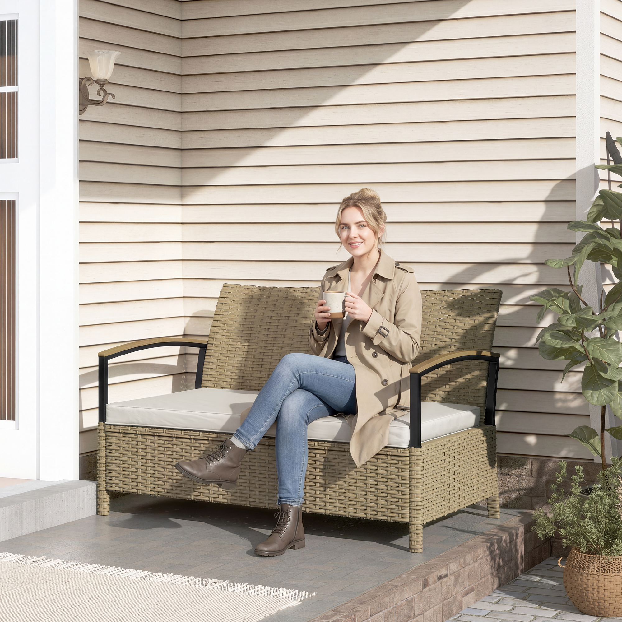  Banca cu Spatiu de Depozitare 125L cu Perna, Cadru Metalic, 123x70x82 cm, Bej [8]