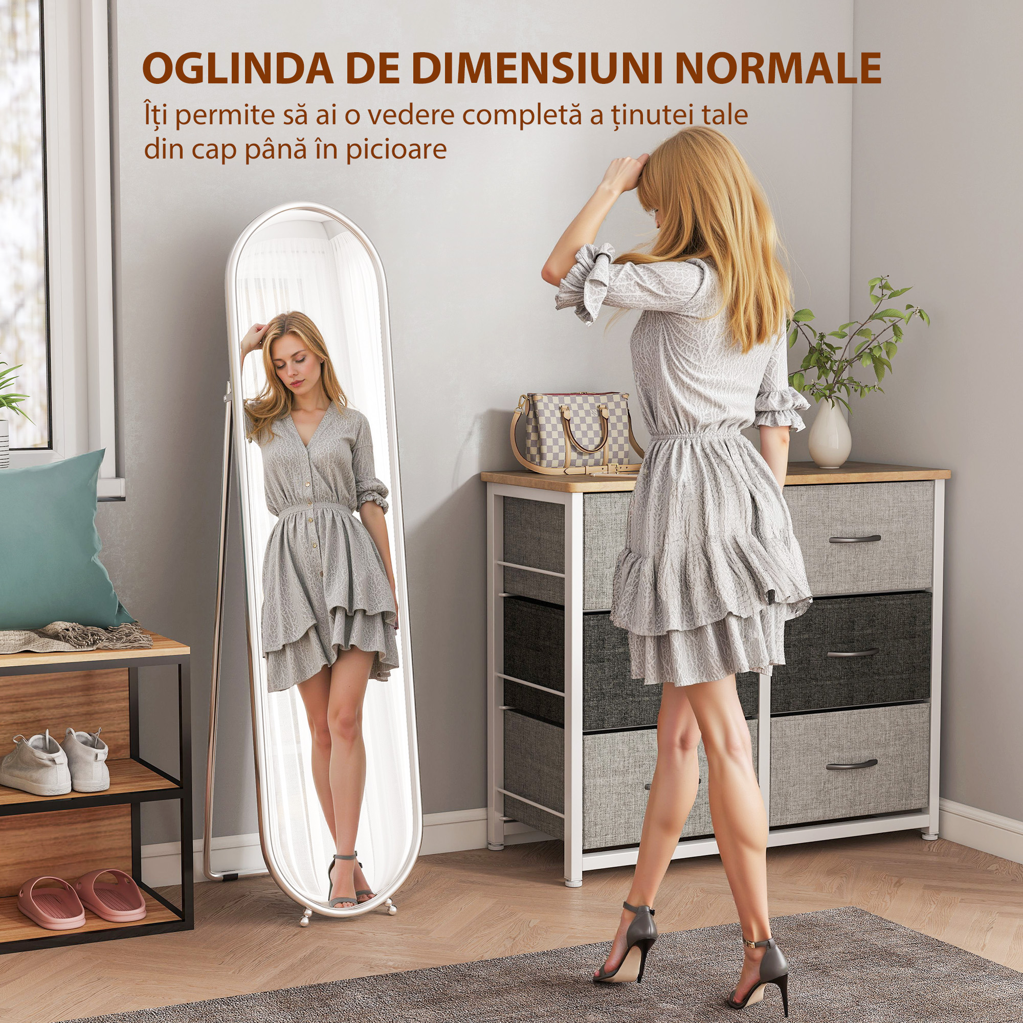  Oglinda intreaga de Podea cu Suport Rabatabil, Sticla si Metal, 40x4x160 cm, Argintiu [3]