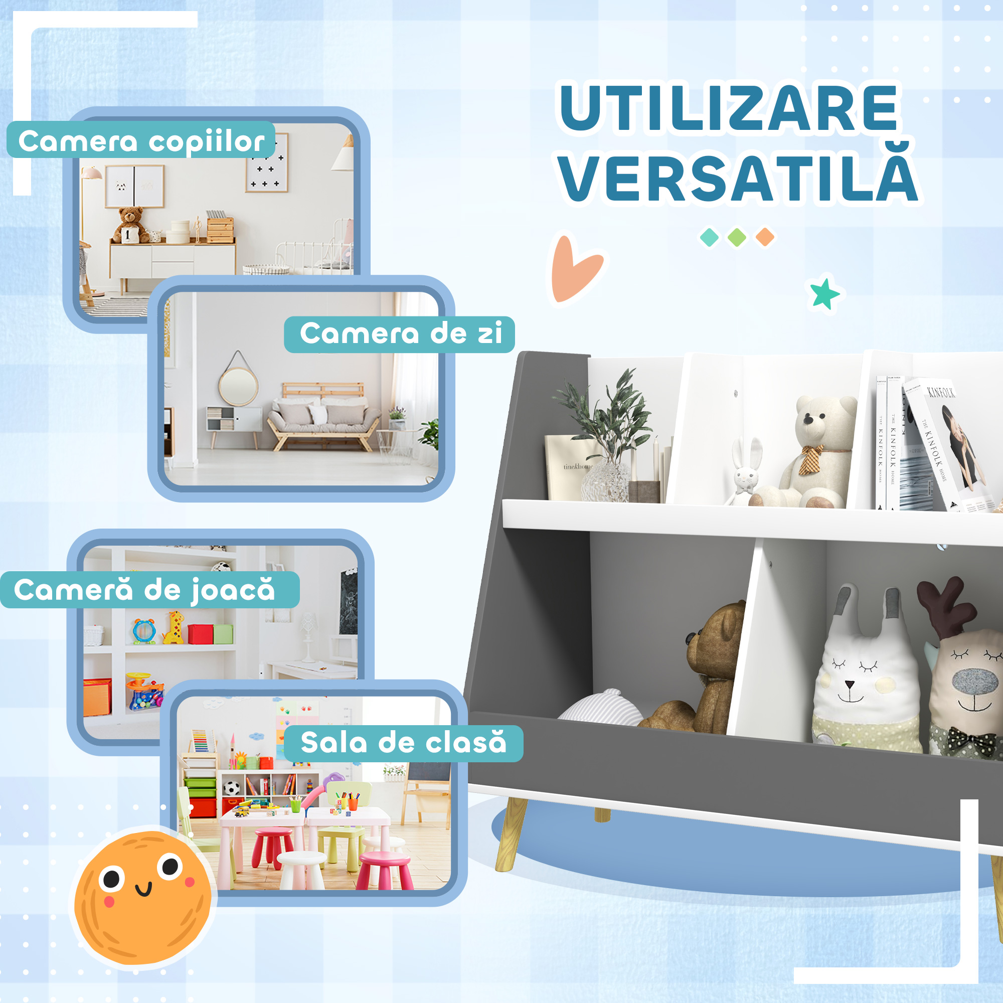  Comoda pentru depozitarea jucariilor pentru copii cu 2 niveluri si 5 compartimente din lemn, 80x34x79cm, gri [4]