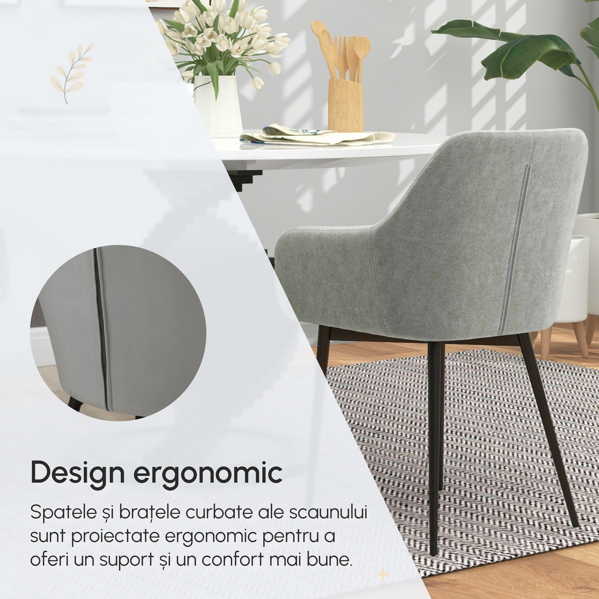  Set 2 Scaune Dining Gri inchis - Tapitate cu Brate & Cadru Solid [3]