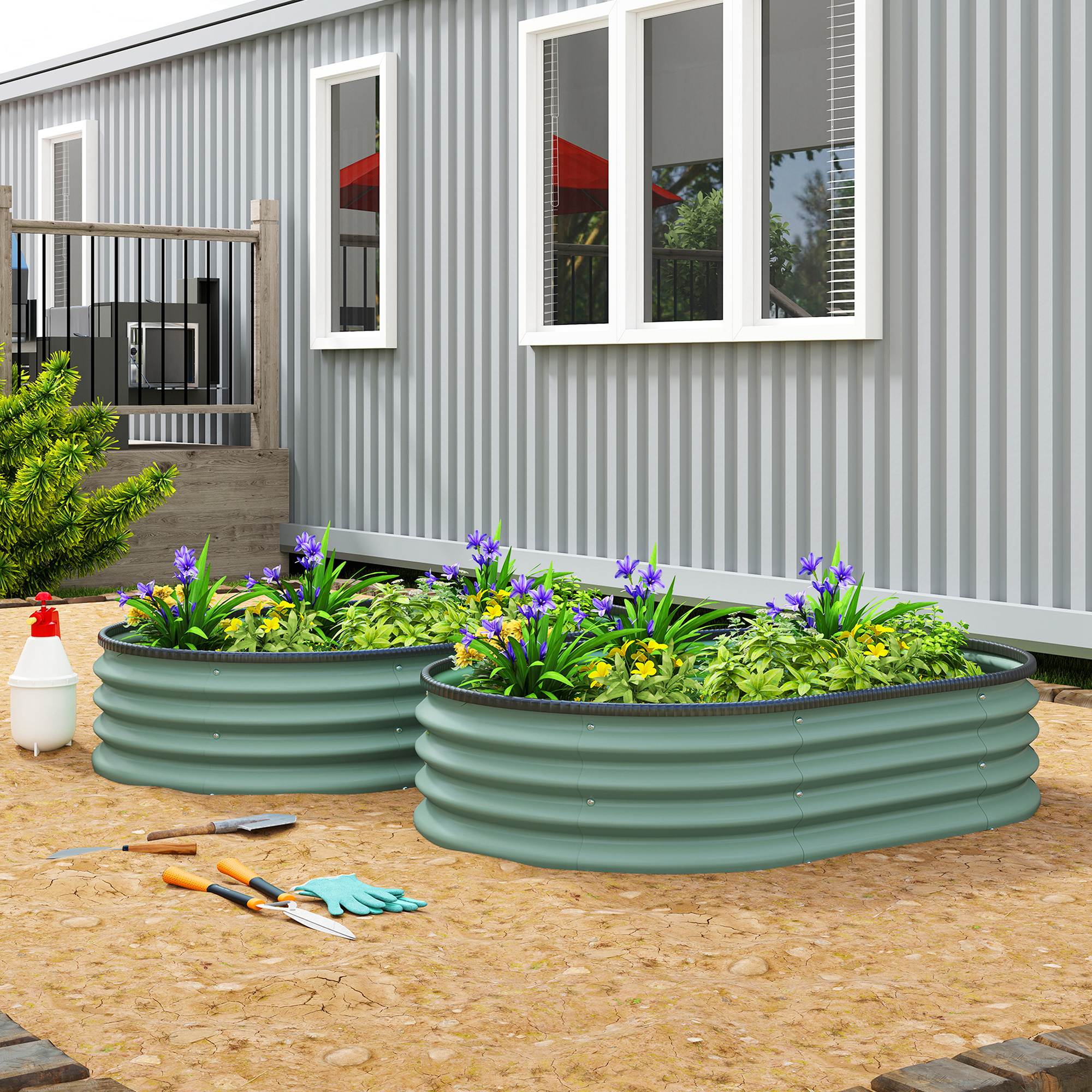  Set de 2 Straturi de Gradina Modulara, Paturi Ridicate cu Margine din Cauciuc, Baza Deschisa, Straturi din Otel Zincat pentru Plante Aromatice, Fructe, Legume si Flori, 135x90x30 cm, Verde [1]