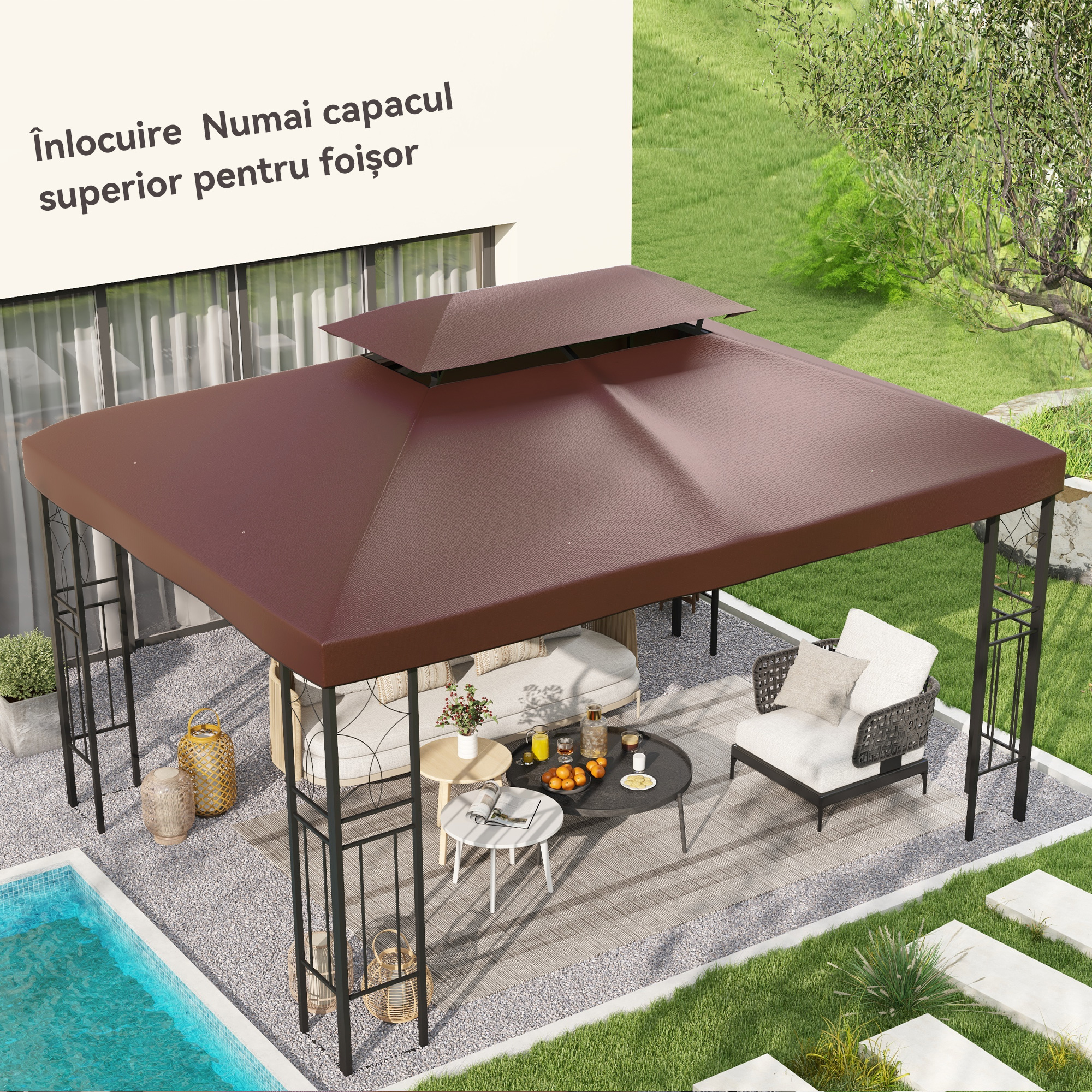  Acoperis pentru Cort de Gradina 3x4 m cu 2 Niveluri din tesatura Oxford 600D, cu Orificii de Drenaj, Cafeniu [1]