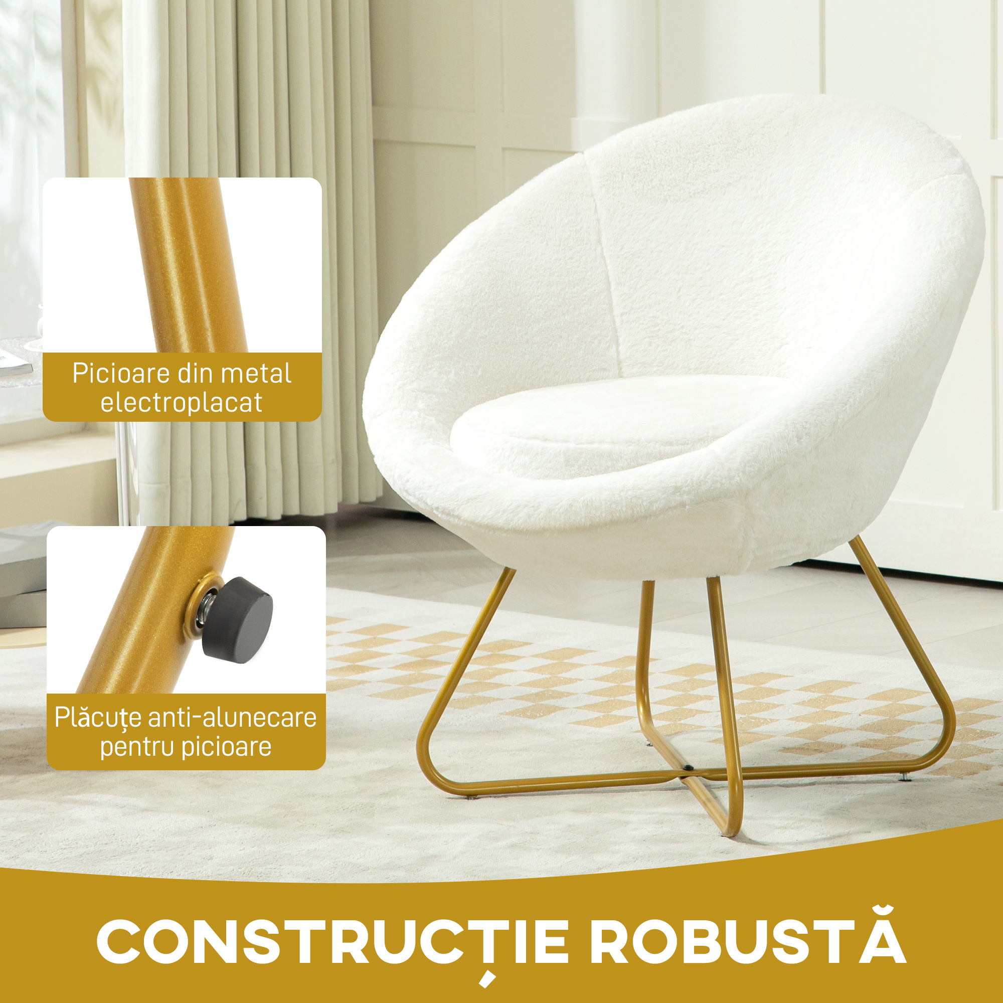  Fotoliu pentru Camera cu Tapiterie din Blana Sintetica si Picioare Metalice, 75x66x79 cm, Alb [5]