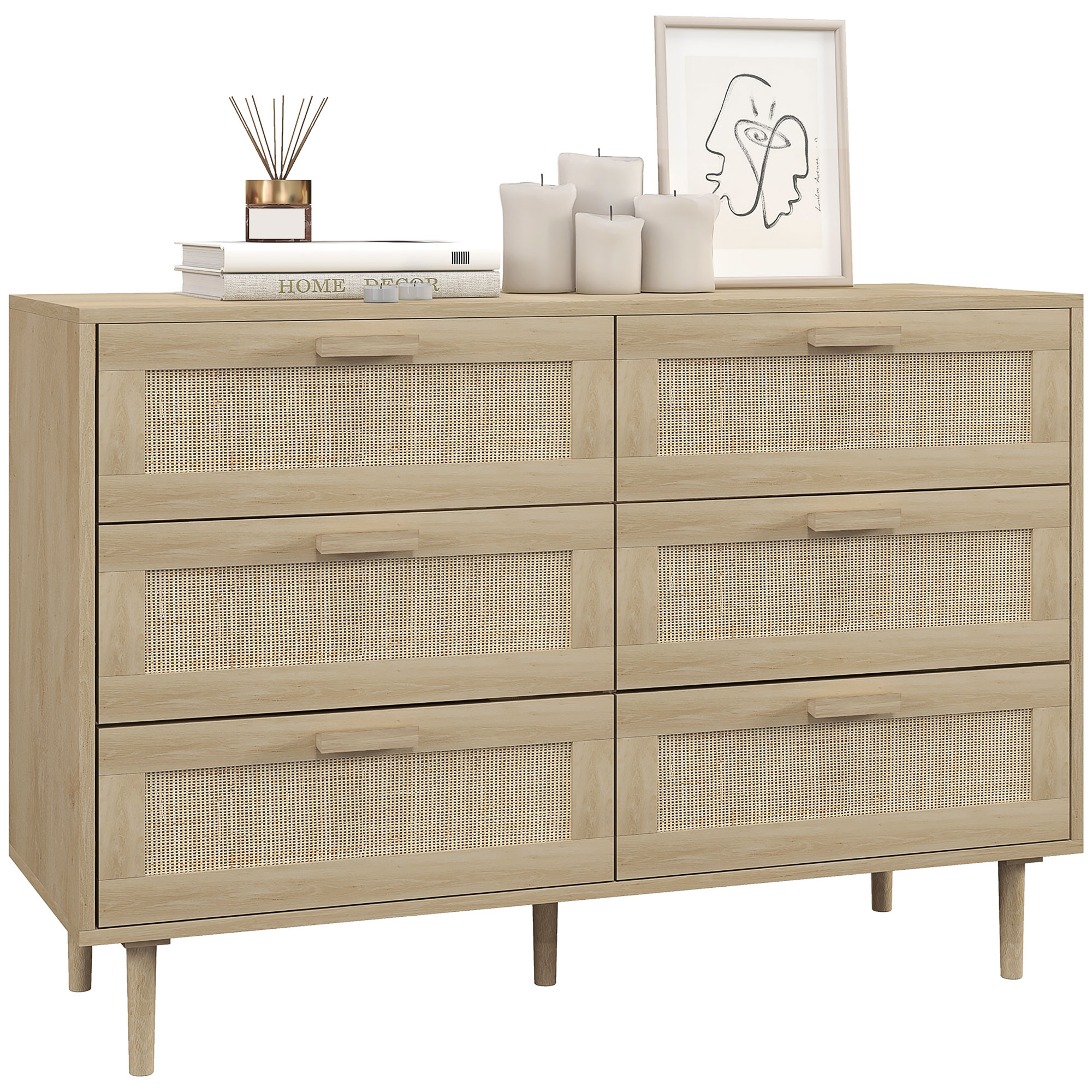 Mobila living -  Comoda cu 6 Sertare din Lemn si Ratan Stil Boho pentru Living si Dormitor, 110x40x75 cm