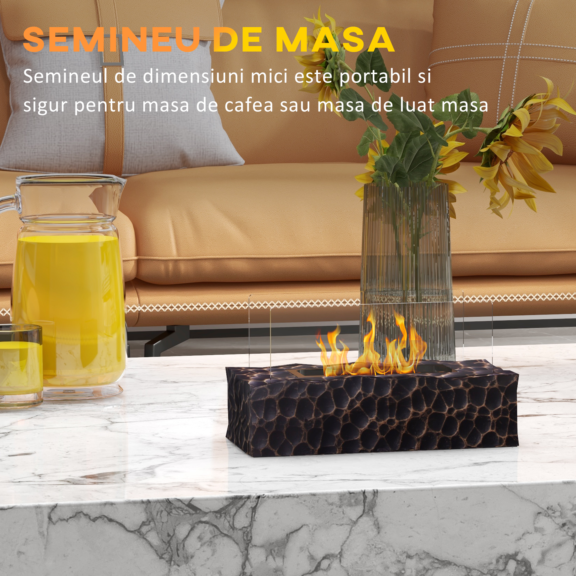  semineu cu Blat din Beton, Capac, Deflector din Sticla Securizata si Rezervor de 0,15L, 33x16x18 cm, Negru [4]