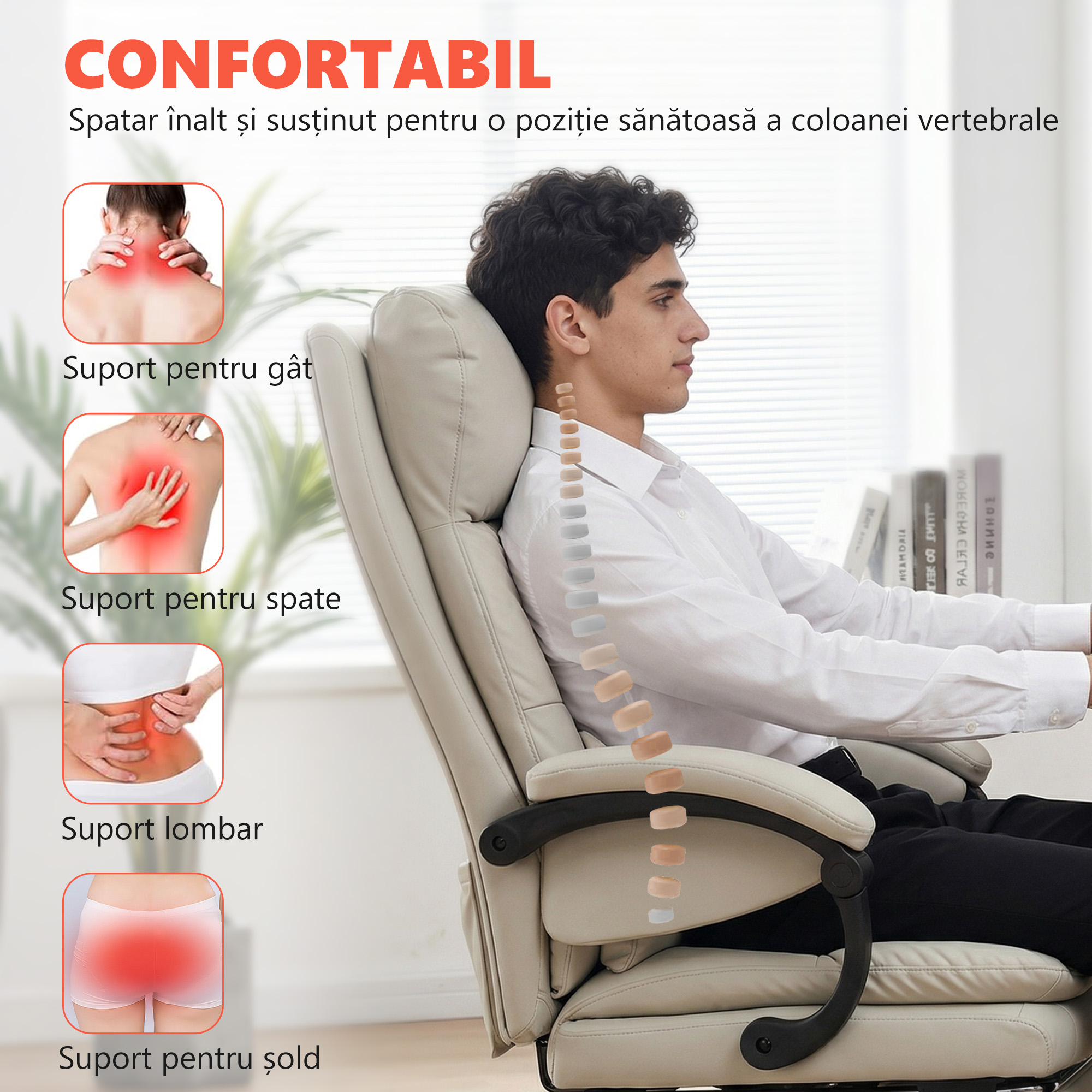 Scaun de birou  cu masaj in 6 puncte, functie de incalzire, rabatabil la 135° din piele sintetica, cu suport pentru picioare, brate captusite, spatar inalt, gri deschis [4]