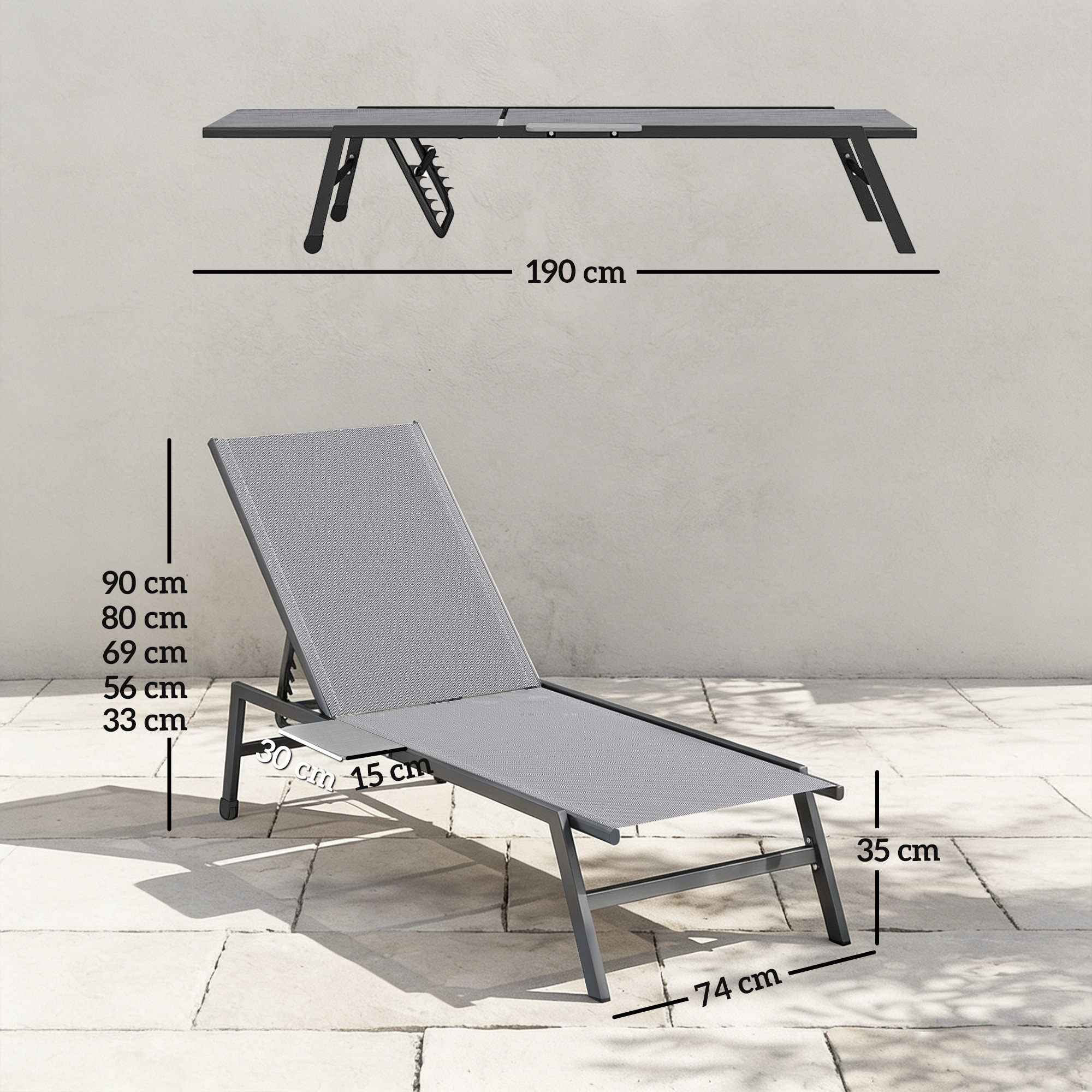  Set 2 sezlonguri Reglabile in 5 Pozitii cu Masuta Laterala si 2 Roti, din Metal si Poliester, Gri [2]