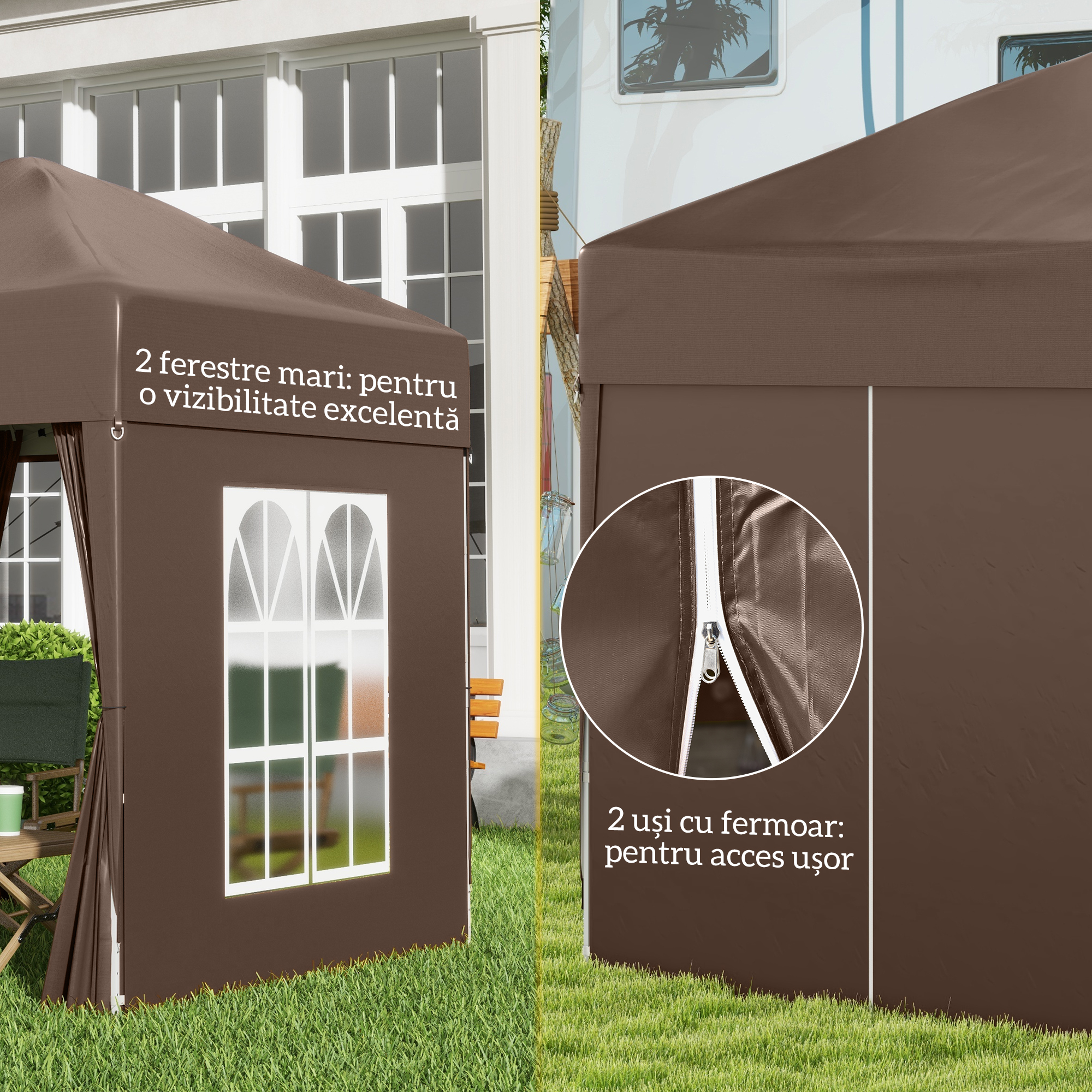  Pavilion Pop-up Impermeabil cu 4 Pereti Detasabili si Geanta de Transport, 2x2x2.4 m, Maro [6]