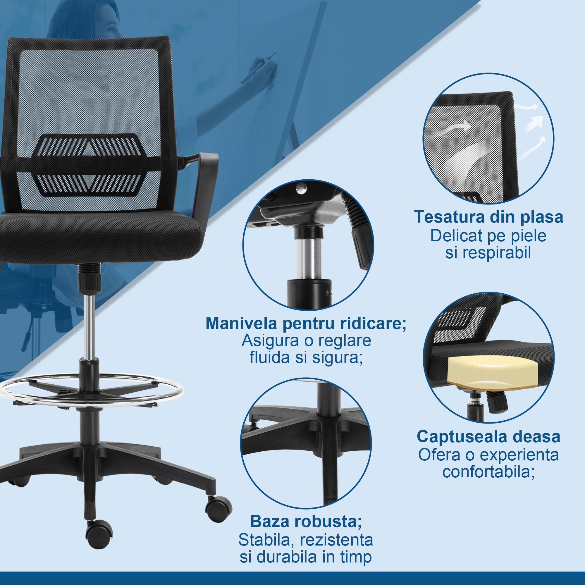  Scaun de Birou Reglabil pe inaltime cu Suport pentru Picioare, Negru [6]